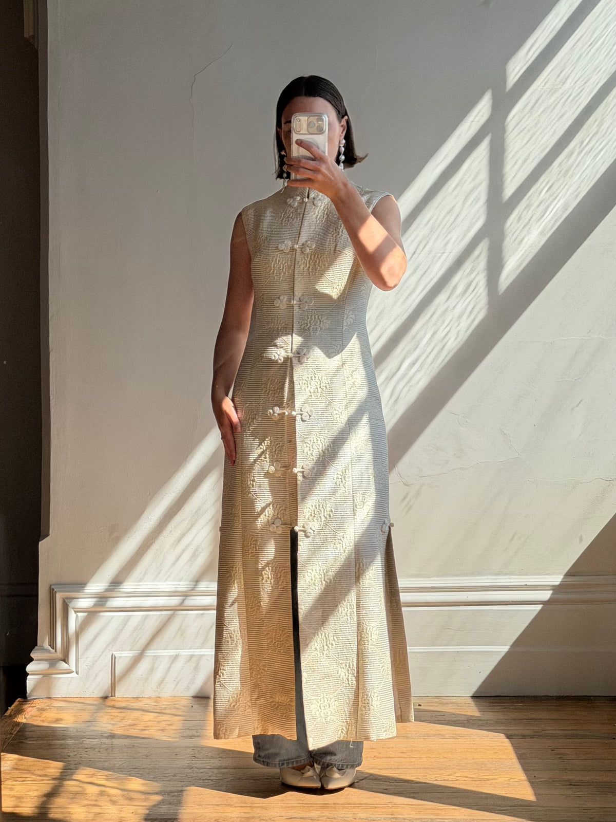Vintage 60s Brocade Longline Qipao Cream