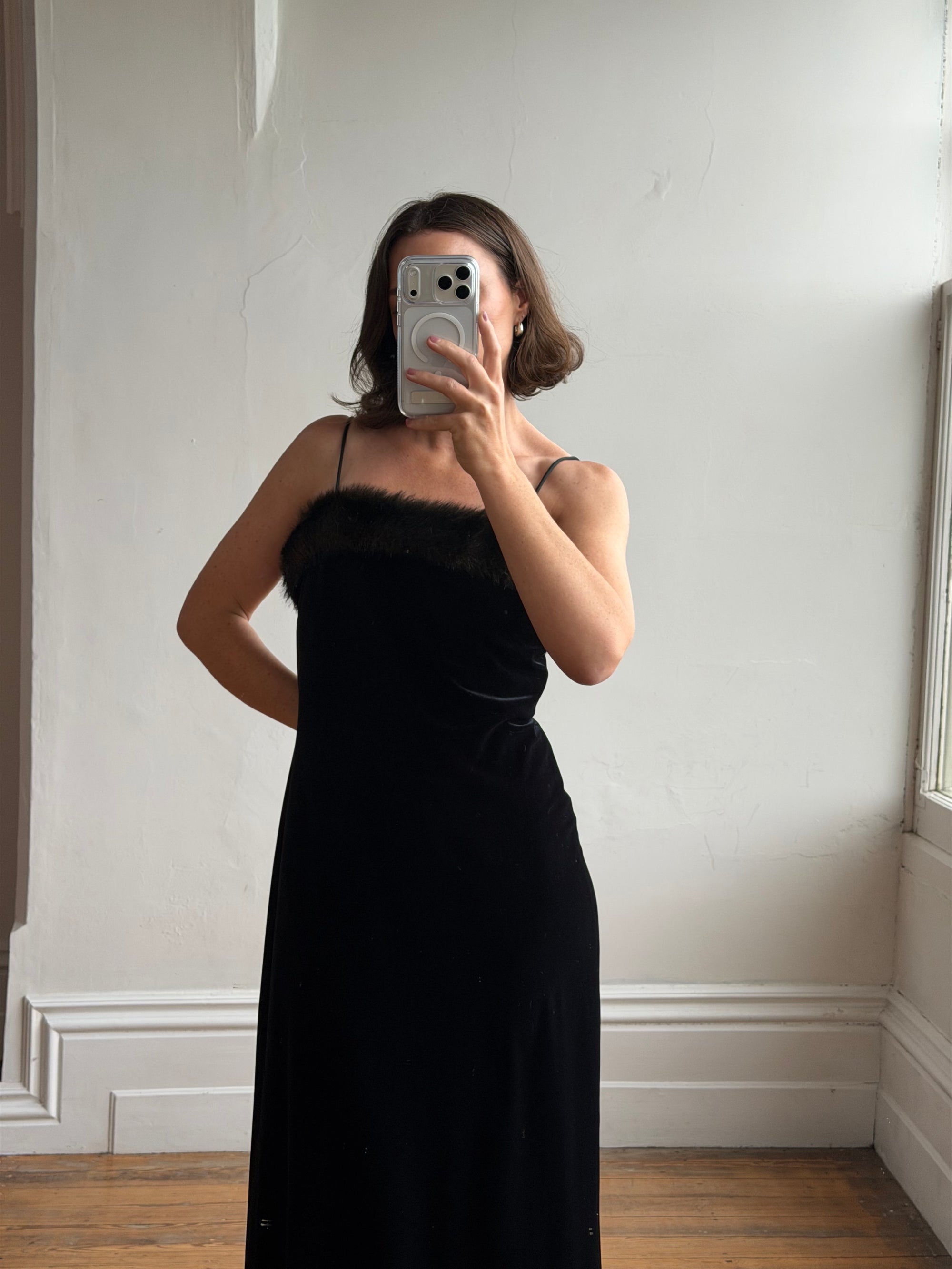 Vintage 90s Velvet Bodycon Maxi Dress with Fur Trim