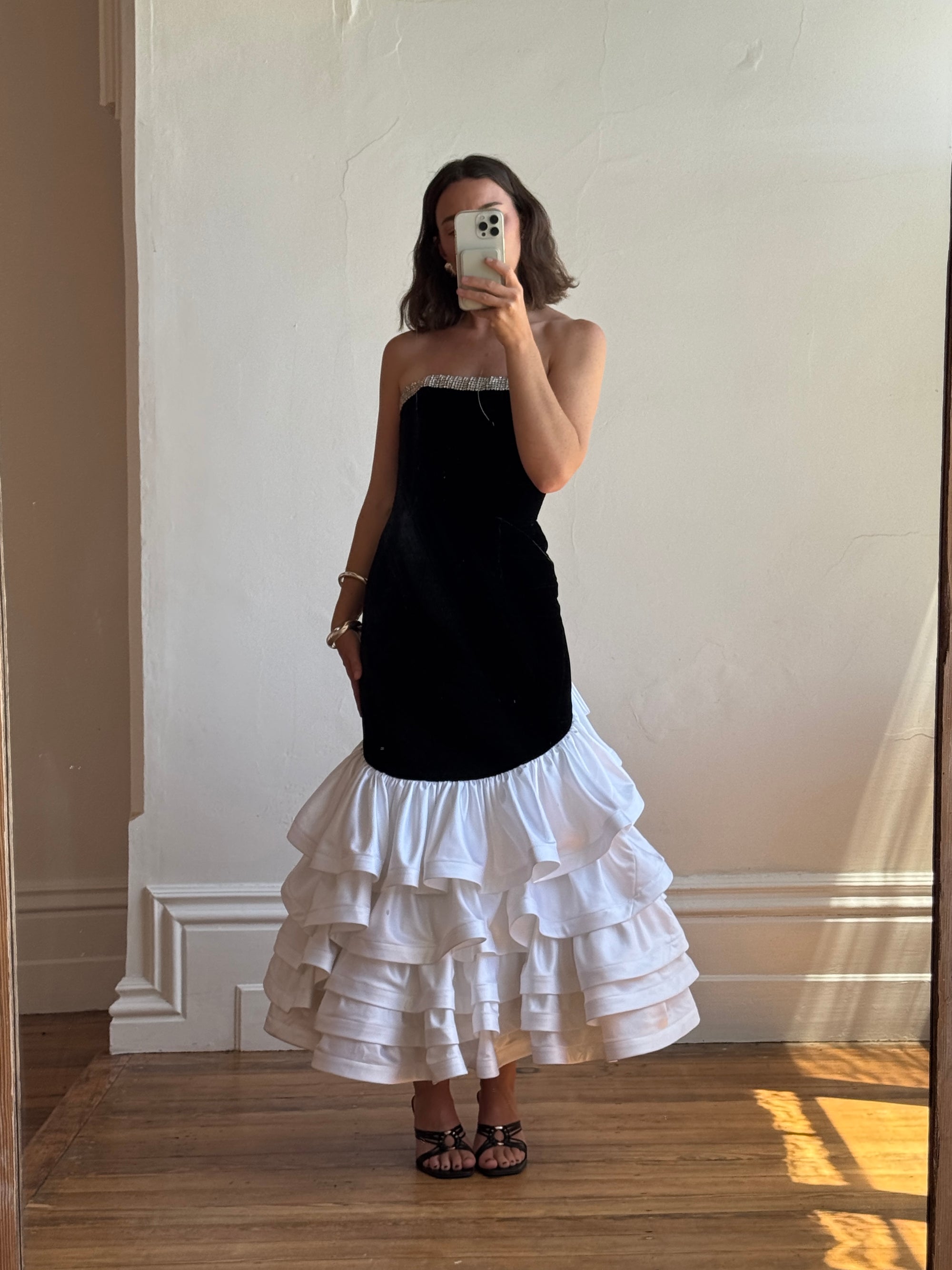Vintage 80s Union Made Velvet Fishtail Ruffle Gown With Rhinestones