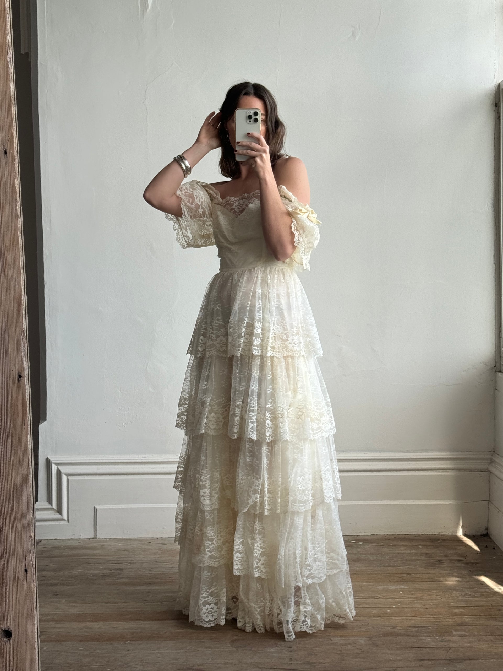 Vintage 70s Tiered Lace Wedding Dress With Bows  Call Me The Breeze
