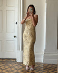 Vintage 90s Strapless Cream Ribbon Bead Embroidered Midi