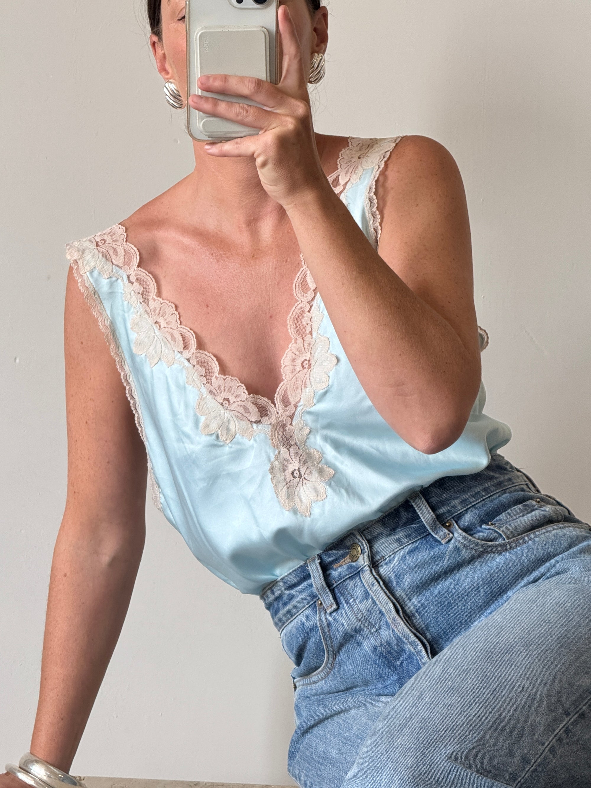 Vintage 80s Baby Blue and Creme Satin Bodysuit