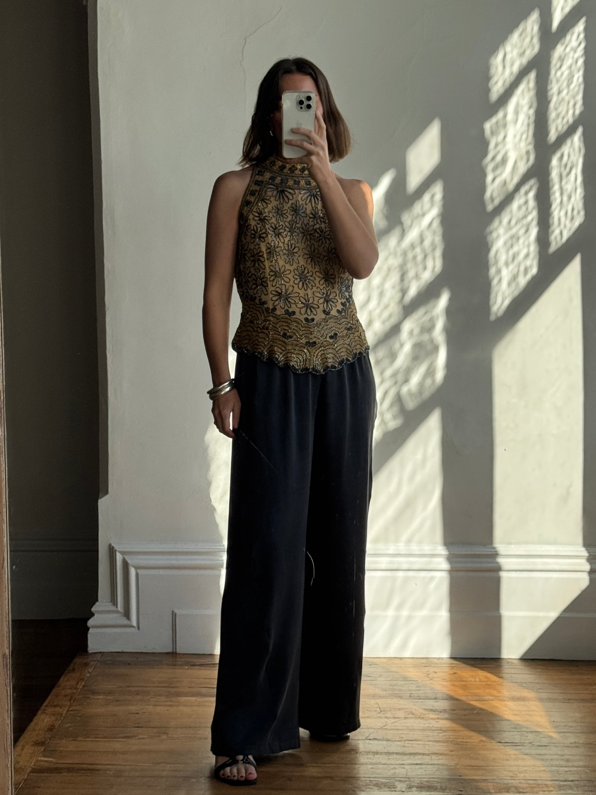 Vintage 90s Beaded Silk High Neck Top Golden Noir