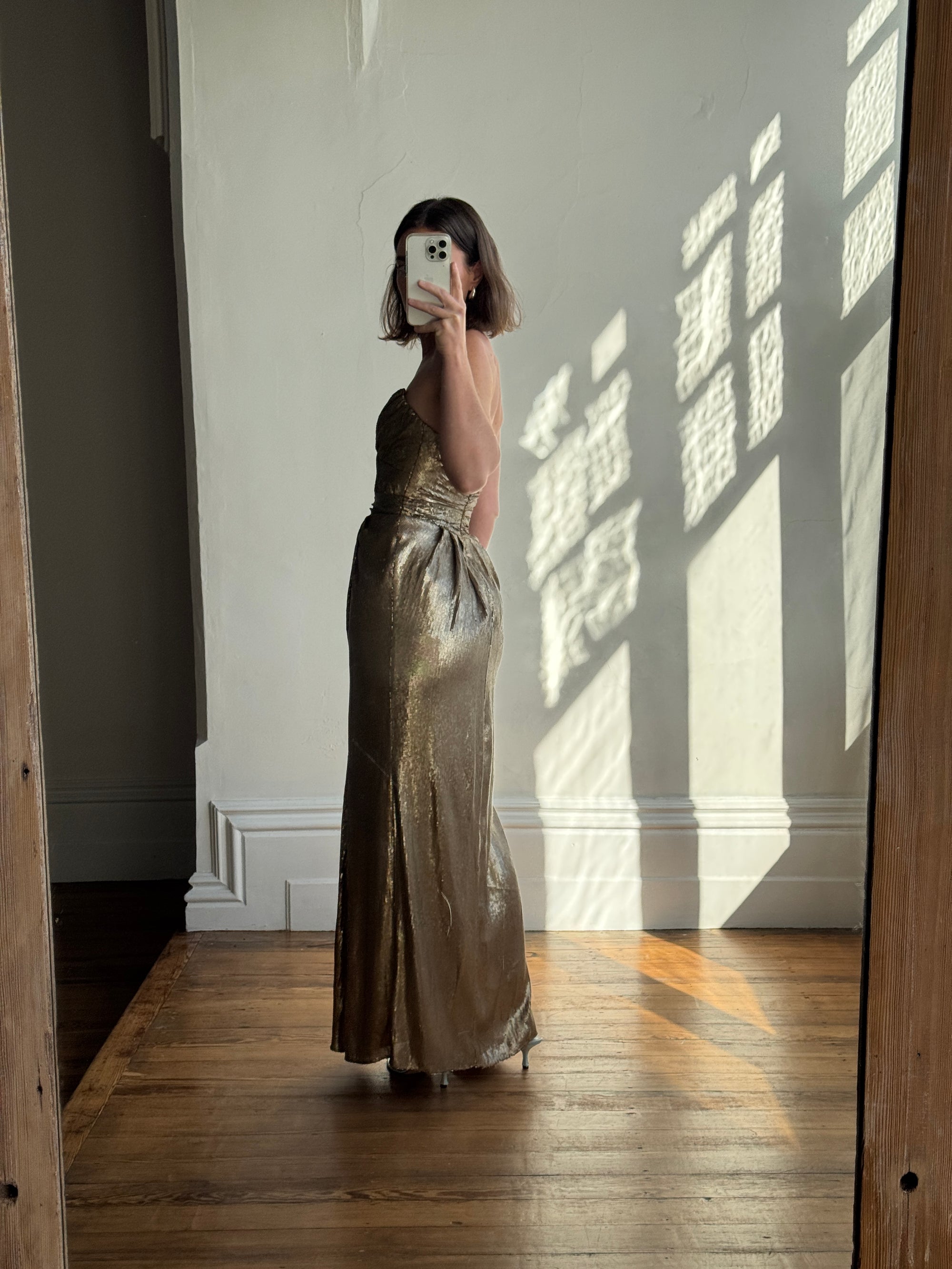 Vintage Y2K Plunging Golden Sequin Prom Dress