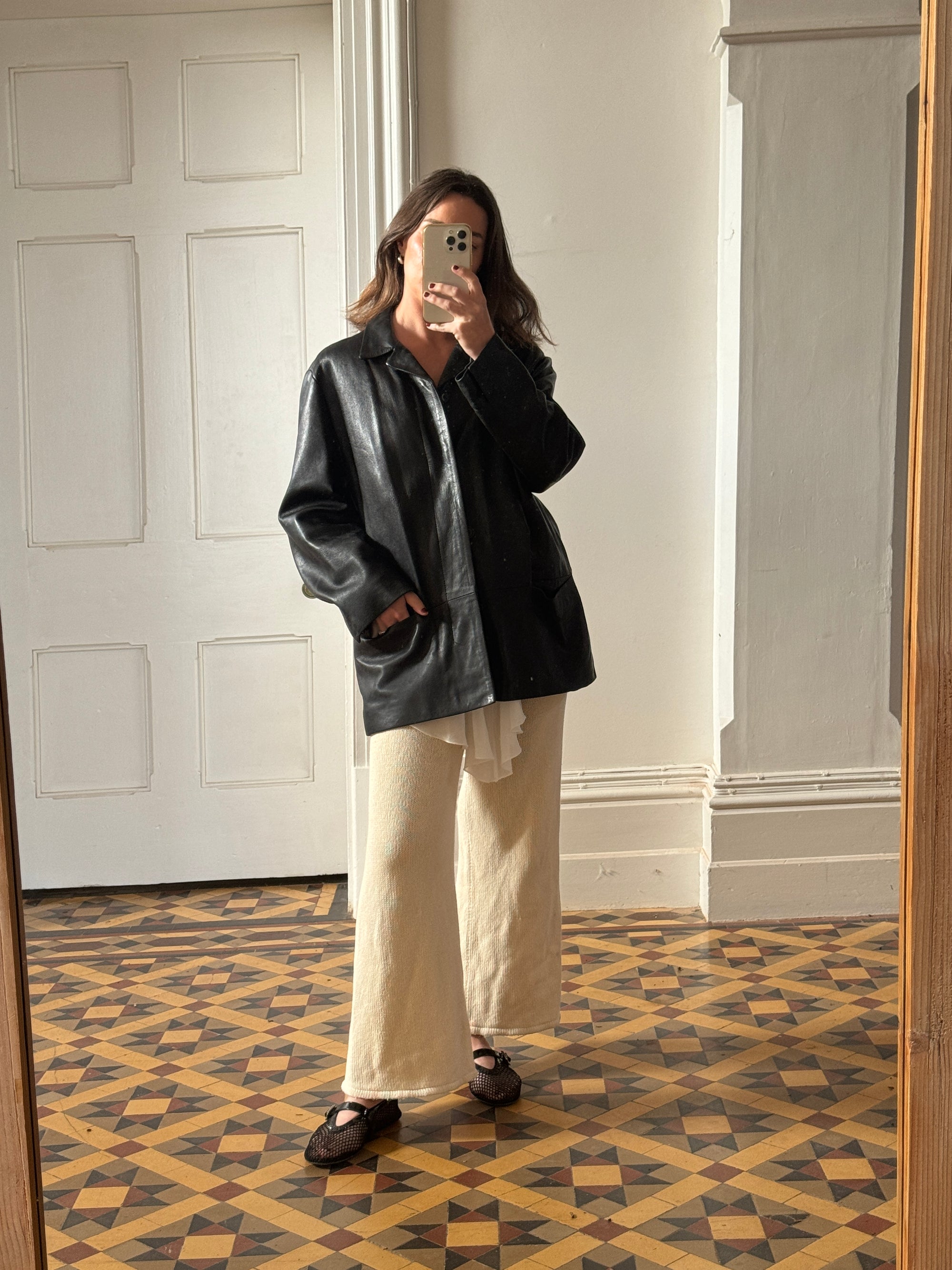 Vintage 90s Collared Leather Jacket Noir