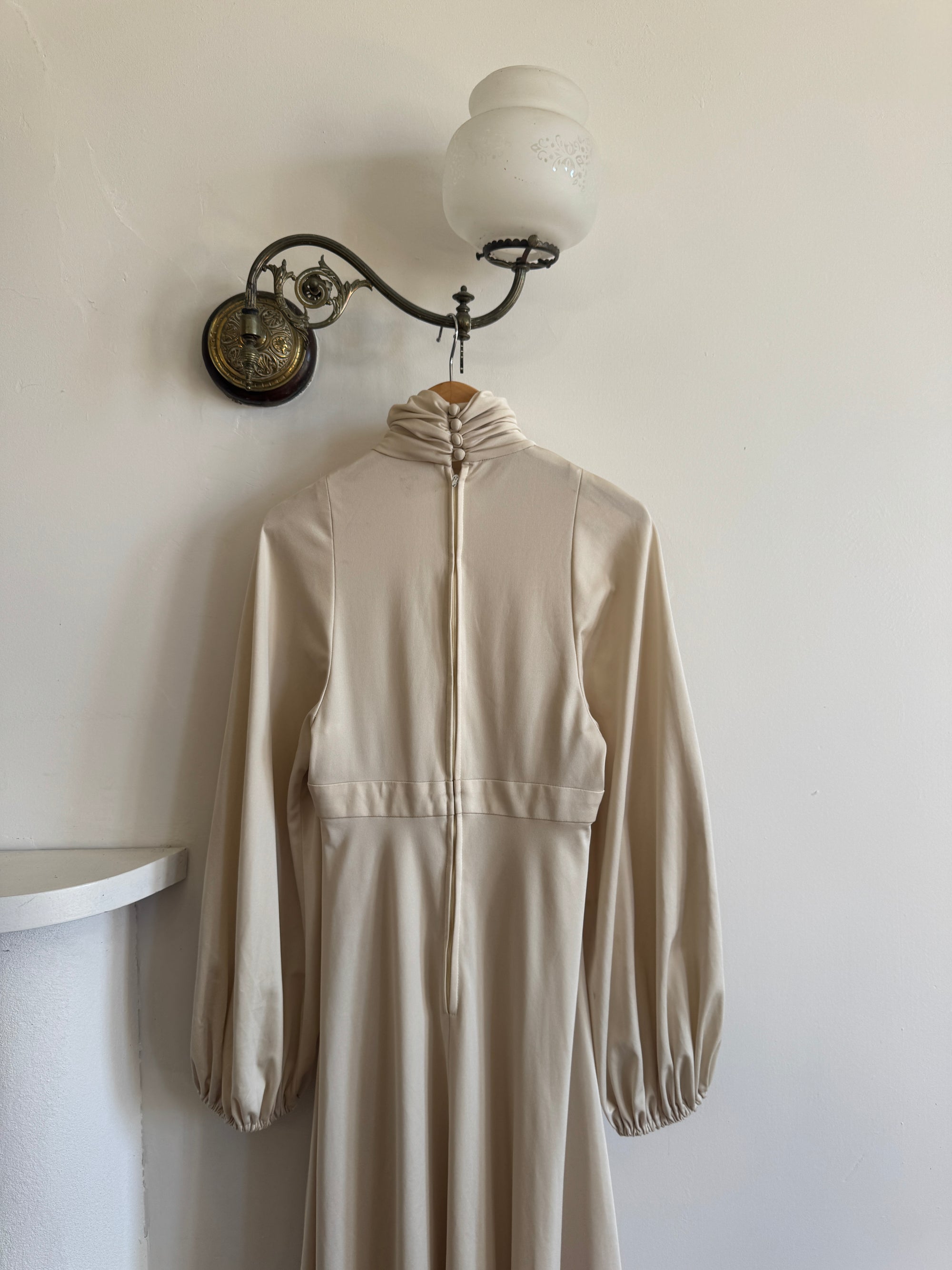 Vintage 70s Jersey High Neck Maxi Dress Creme