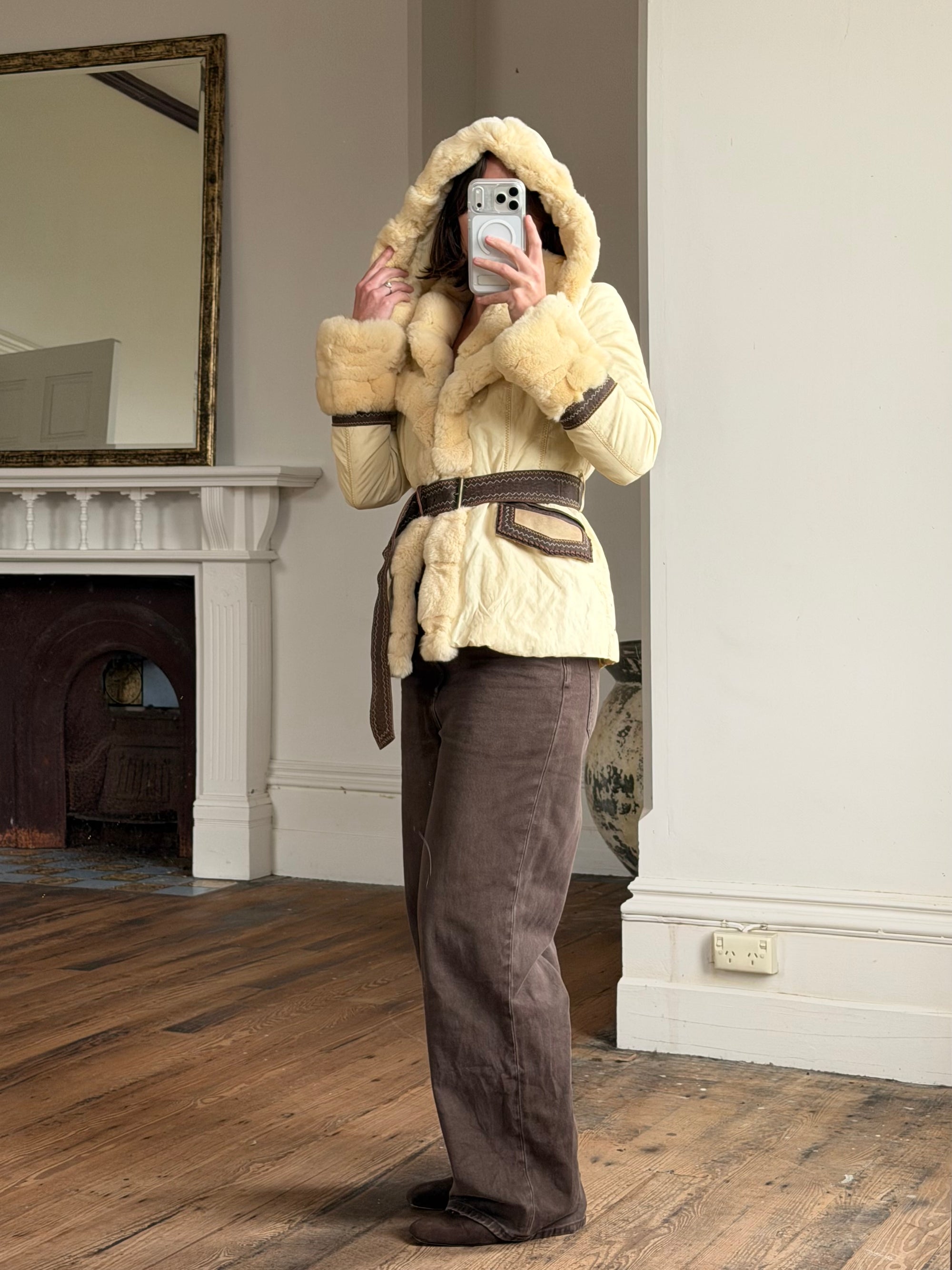 Vintage Y2K Italian Leather and Fur Belted Jacket with Hood