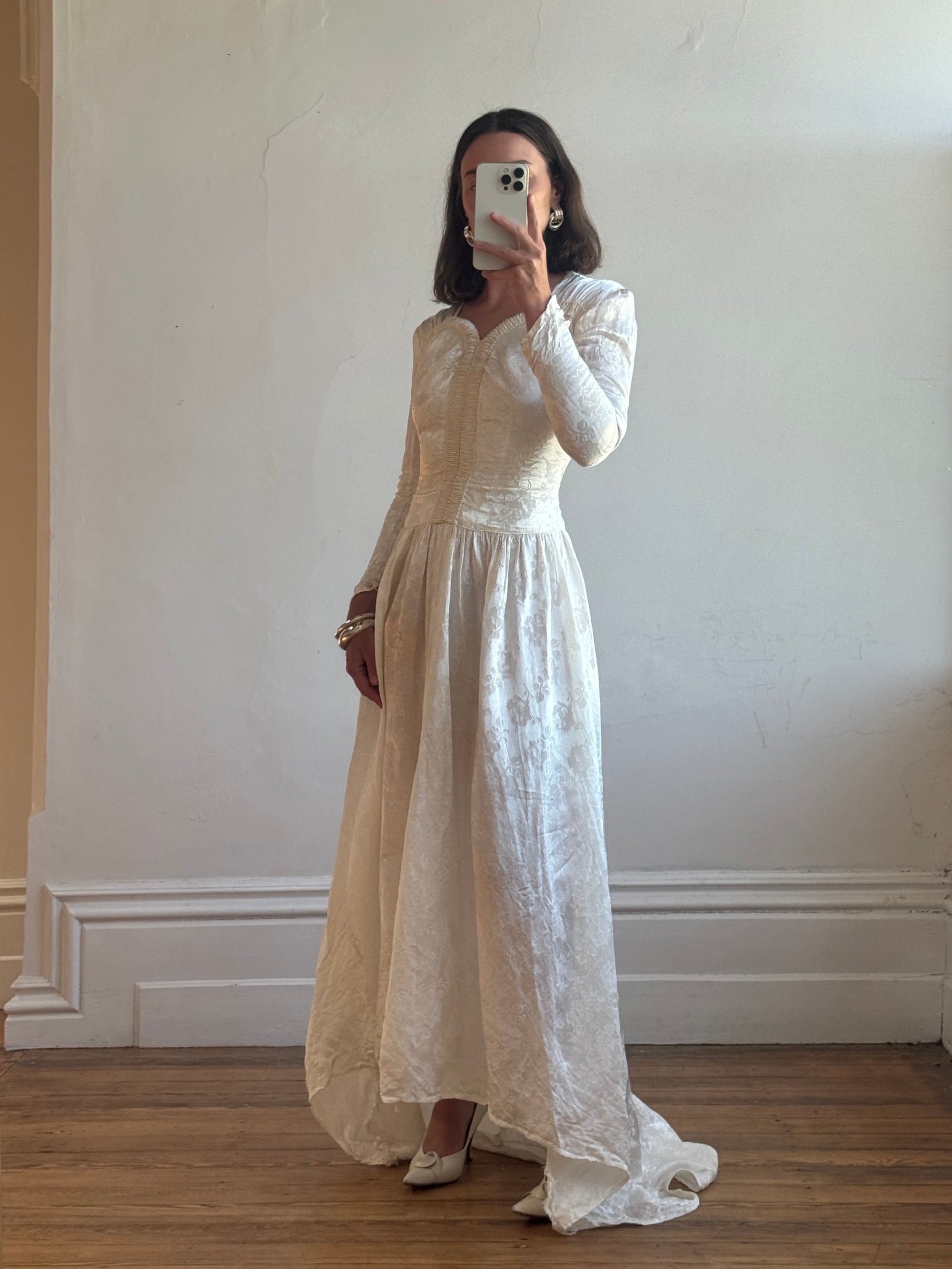 Vintage 40s Jacquard Long Sleeve Wedding  Dress
