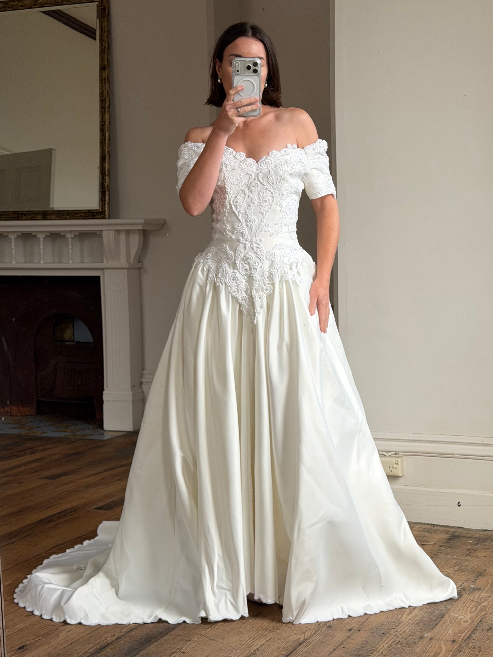 Vintage 90s Embellished Off Shoulder Satin Wedding Gown