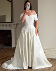 Vintage 90s Embellished Off Shoulder Satin Wedding Gown