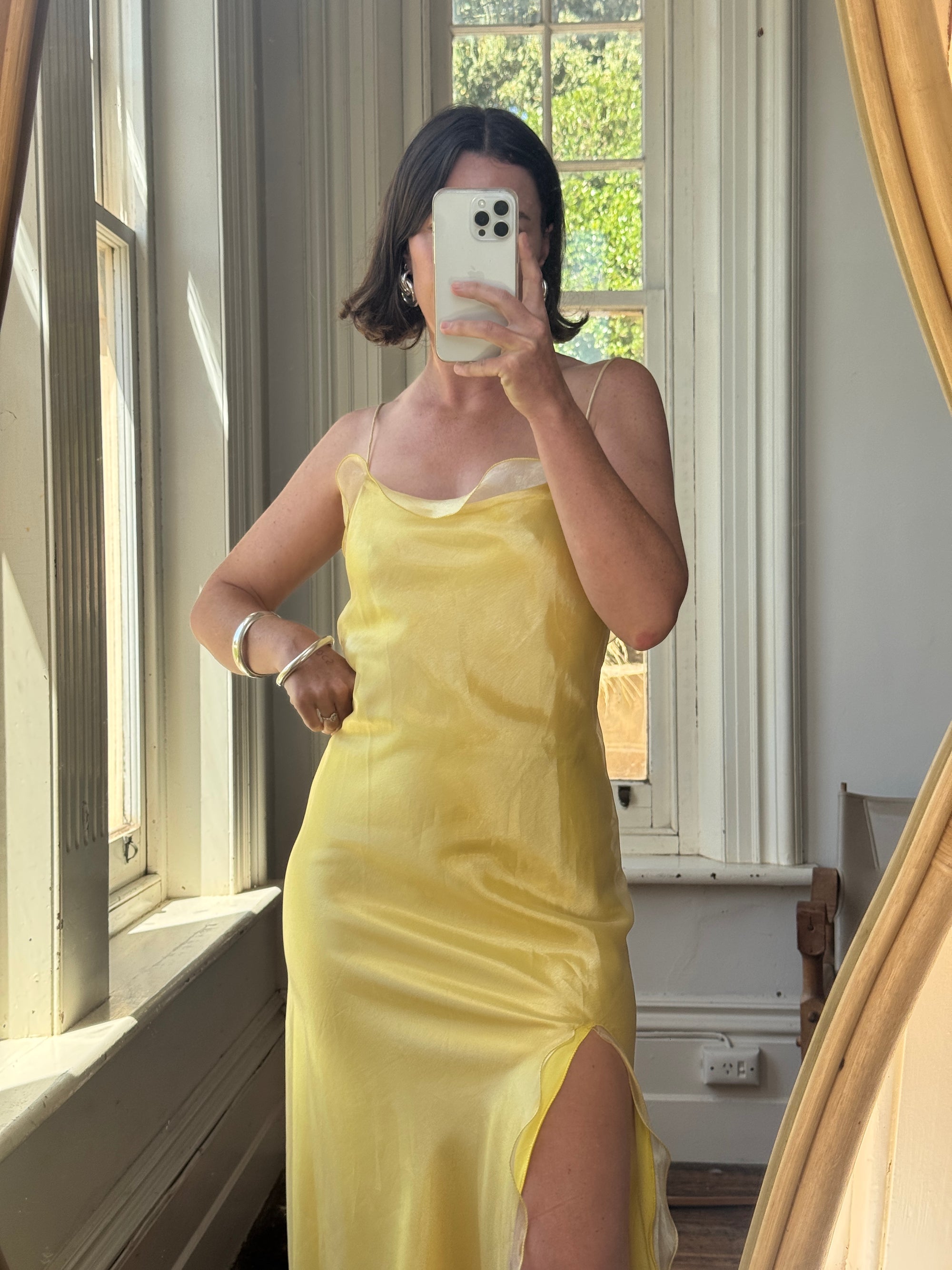 Vintage 90s Organza Yellow Ruffle Prom Slip Dress