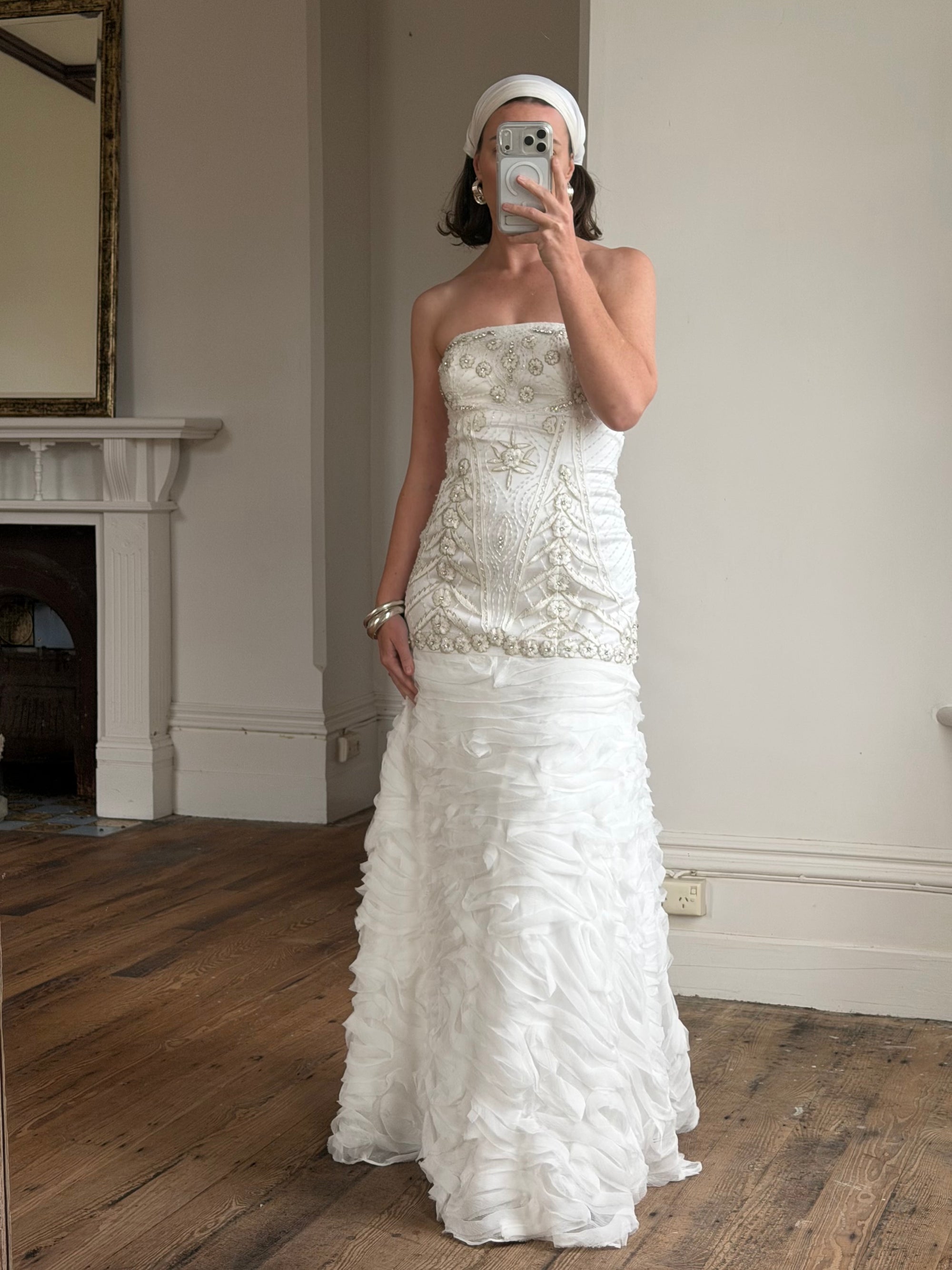 Vintage 90s Strapless Embellished Ruffled Wedding Gown