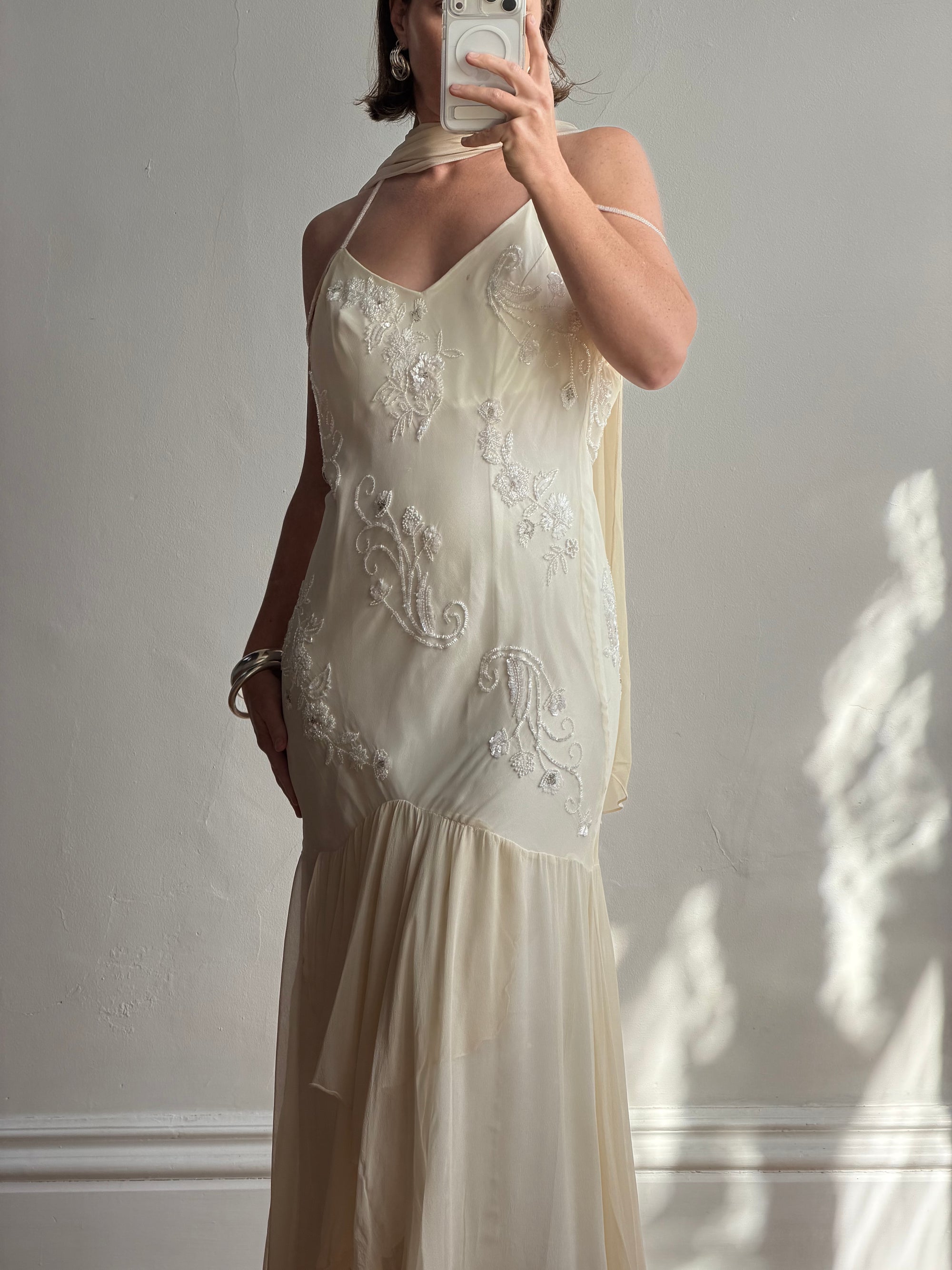 Vintage 90s Pure Silk Embellished Midi Dress With Scarf Creme