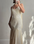 Vintage 90s Pure Silk Embellished Midi Dress With Scarf Creme