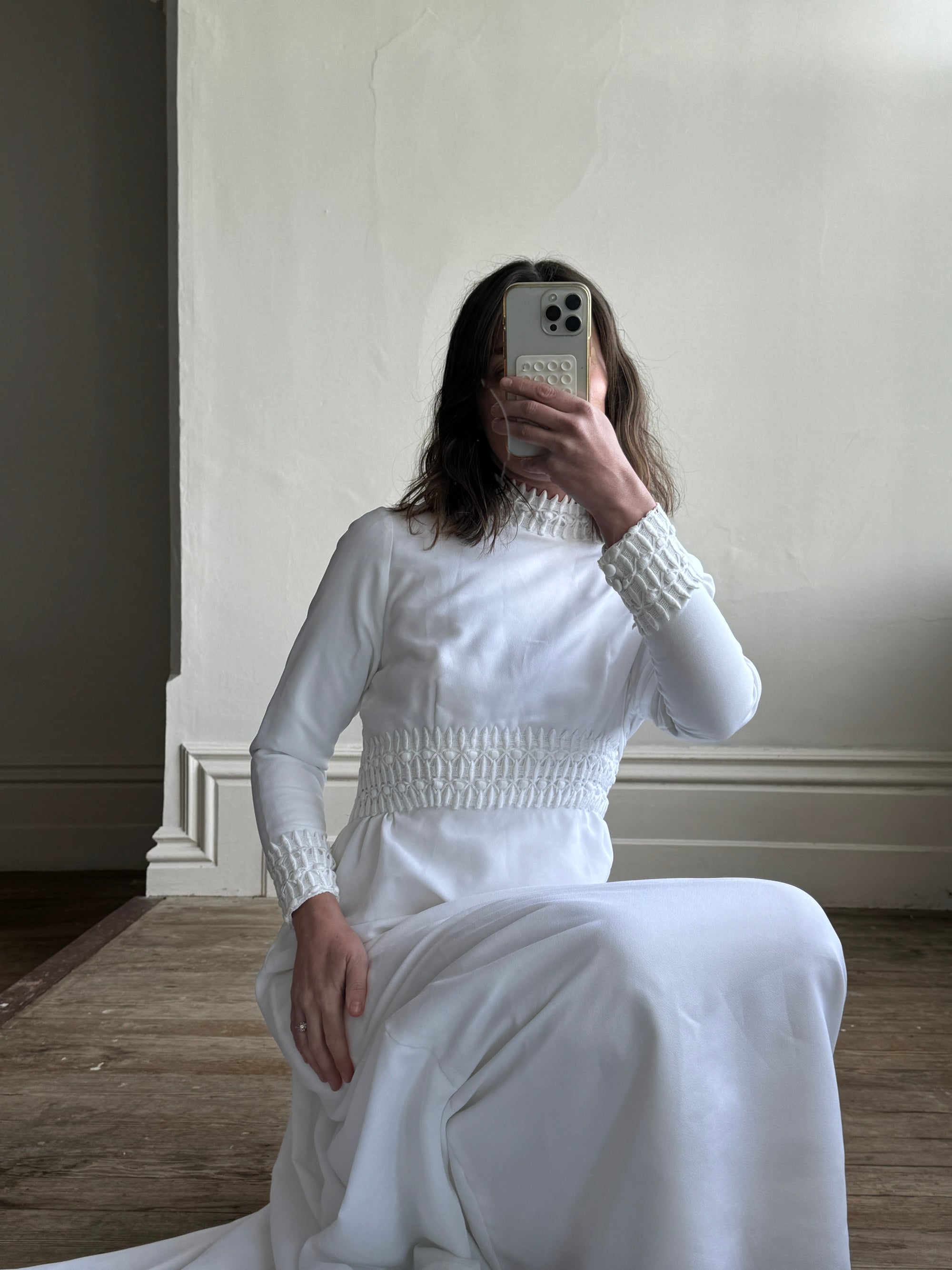 Vintage 60s High Front Embroidered Wedding Dress