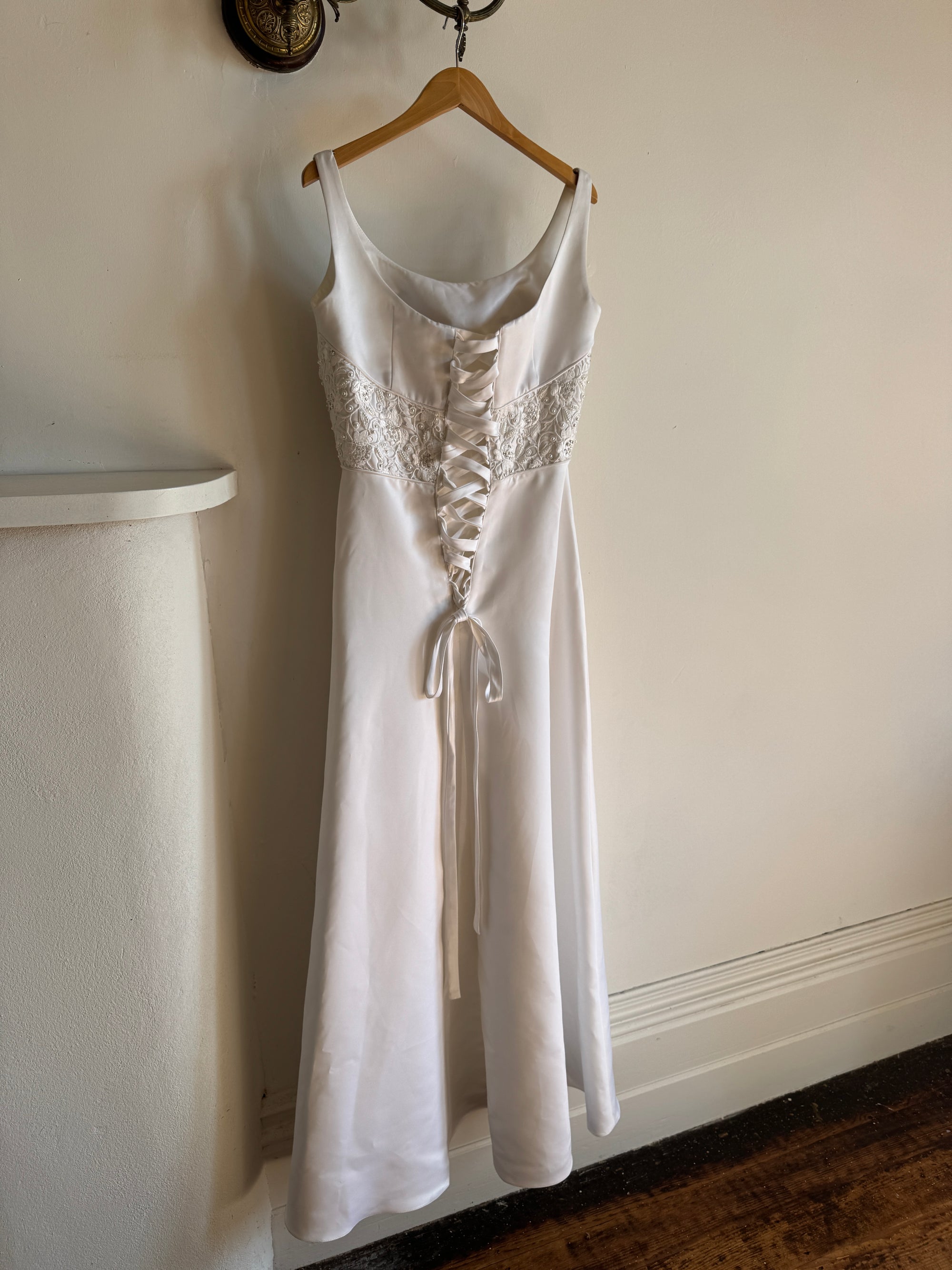 Vintage 90s Scoop Neck Beaded Satin Wedding Gown