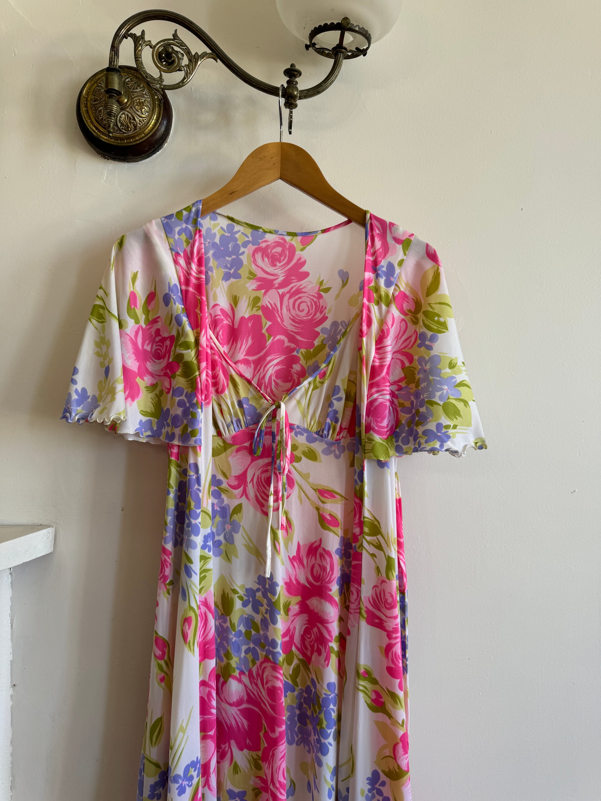 Vintage 70s Pink Floral Slip and Wrap Dress Set