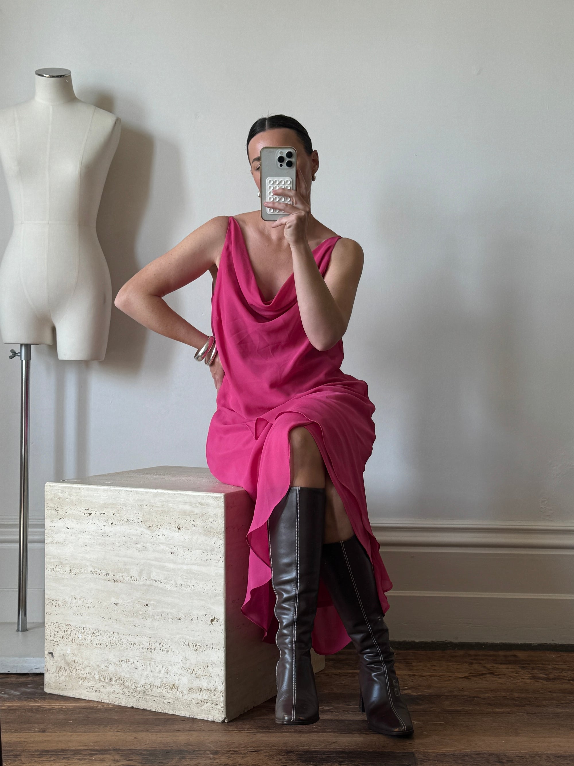 Vintage 90s Cowl Neck Slip Dress Fuschia Call Me The Breeze Vintage 90s Cowl Neck Slip Dress Fuschia Call Me The Breeze