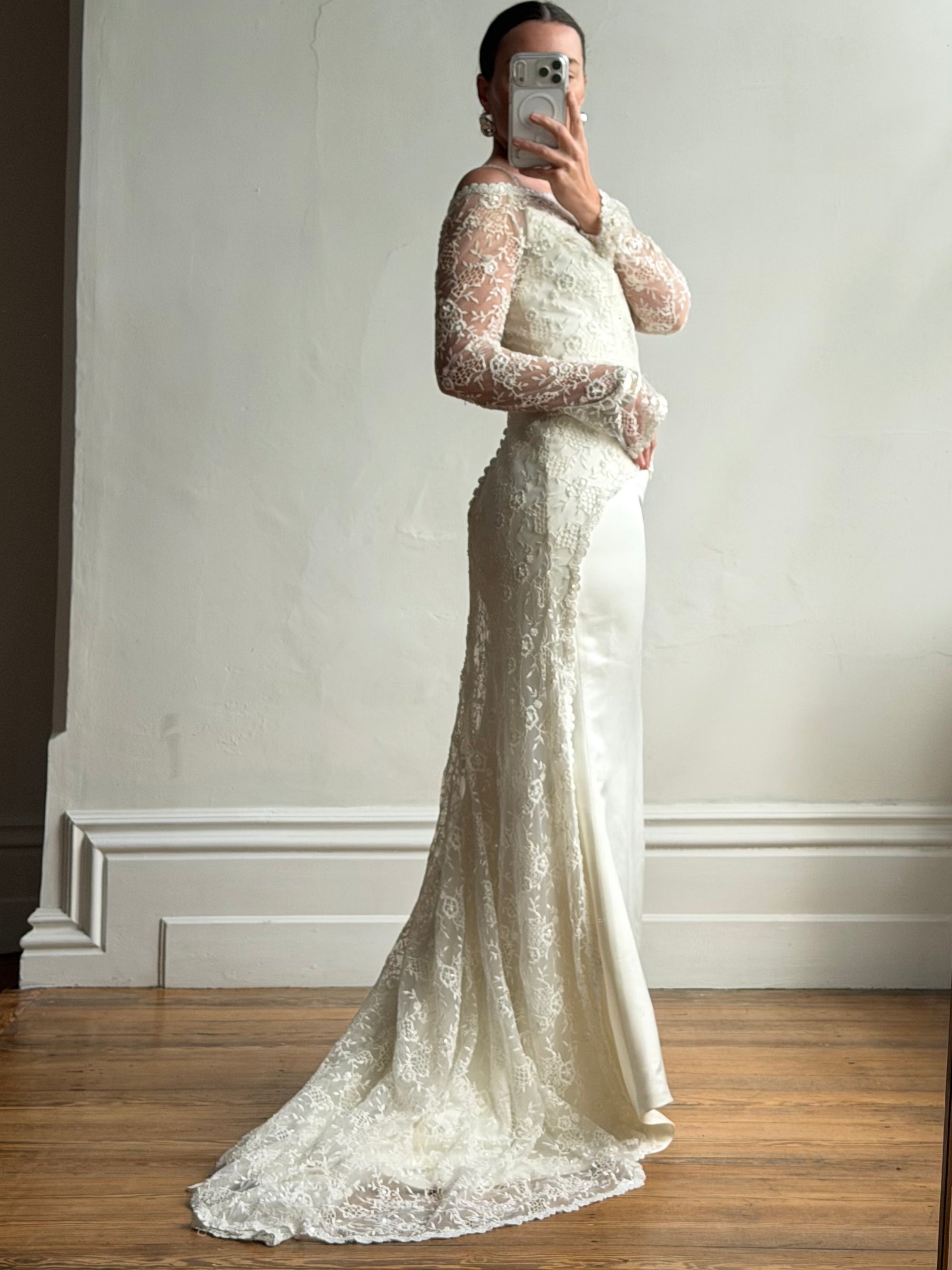Vintage 90s Italian Beaded Lace and Satin Wedding Gown
