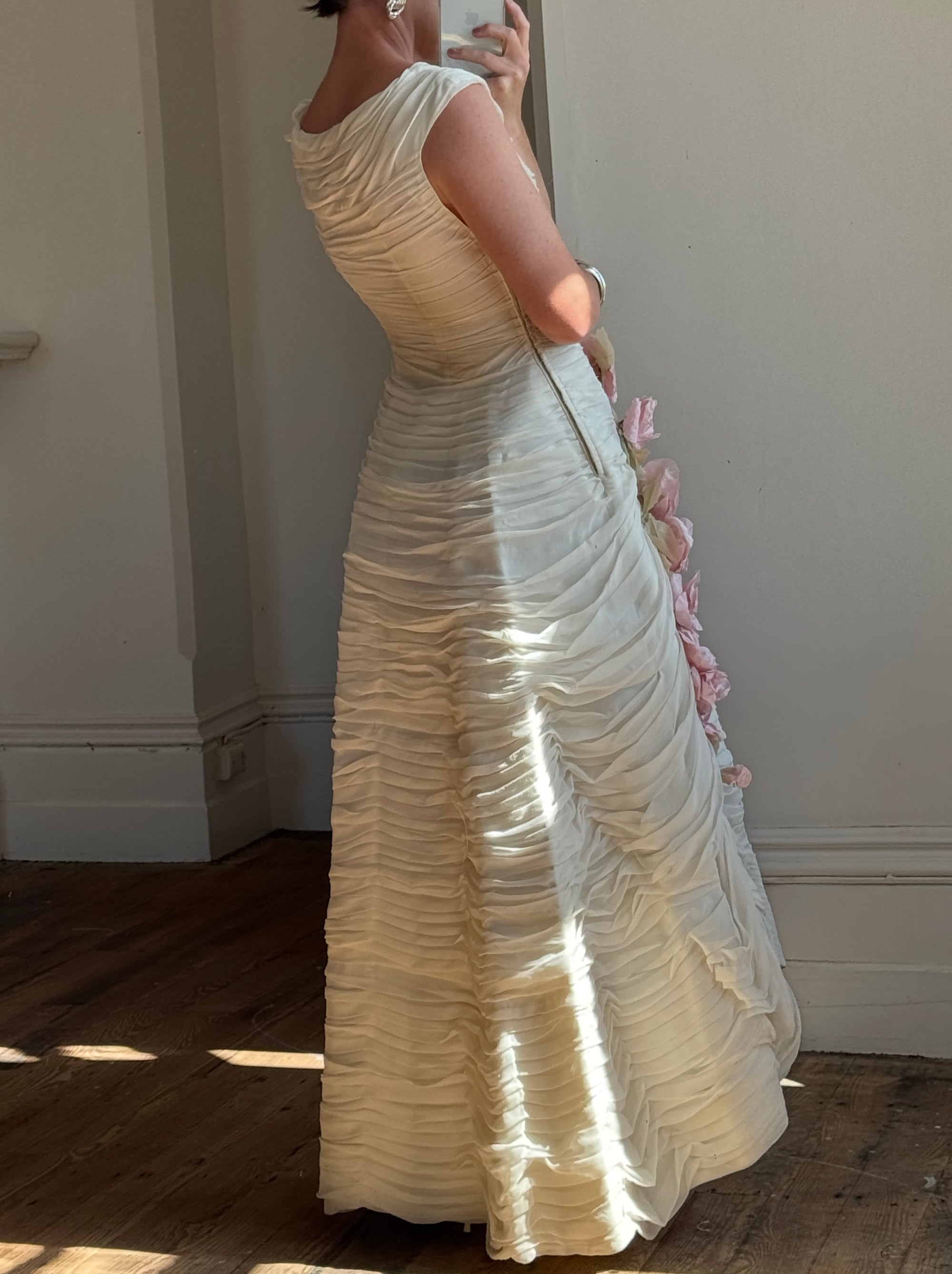 Vintage 60s Silk Pleated Wedding Gown with Pink Flowers
