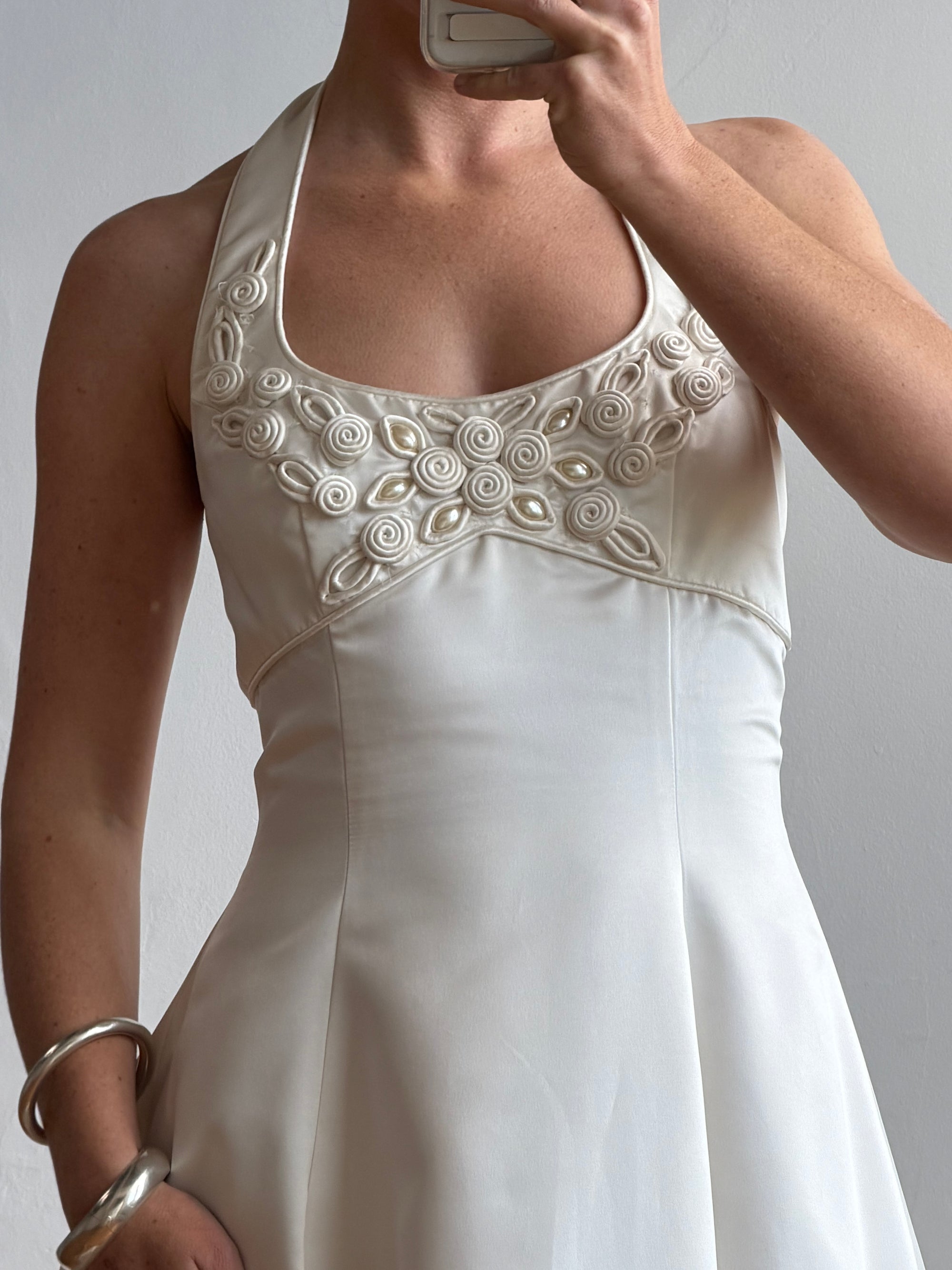 Vintage 90s Ivory Beaded Halter Bridal Ballgown