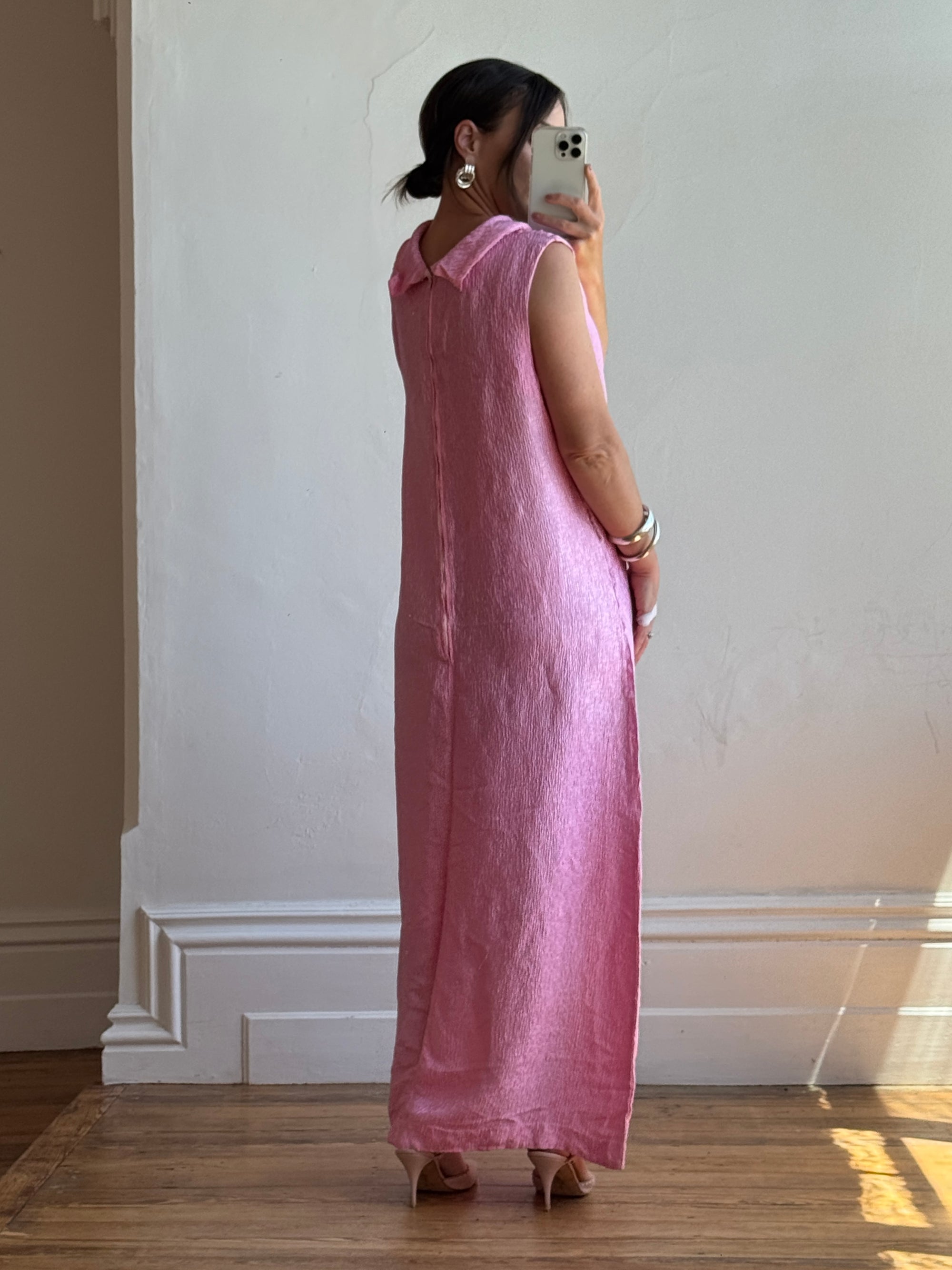 Vintage 80s Boat Neck Crinkle Dress Hot Pink