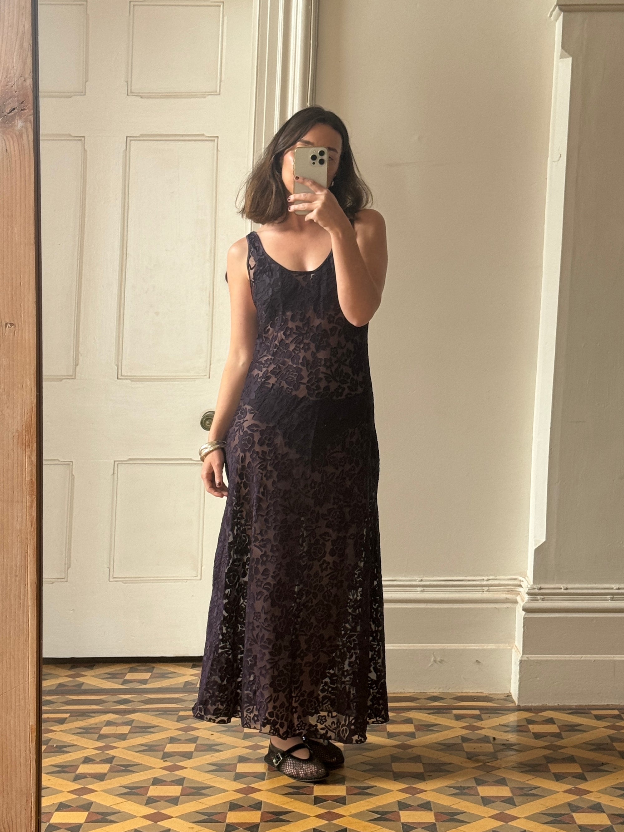 Vintage 90s Burnt Velvet Sheer Slip Dress Eggplant