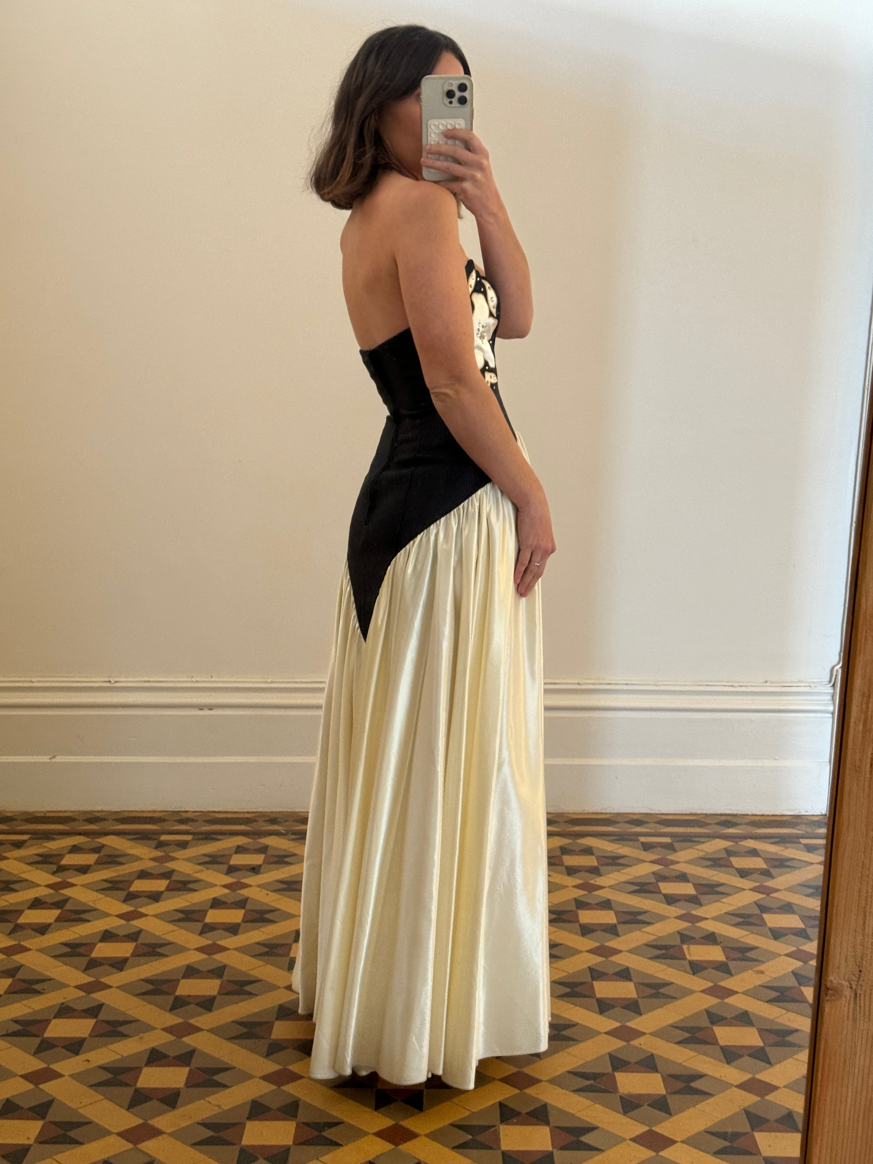 Vintage 90s Navy and Creme Satin Floral Gown