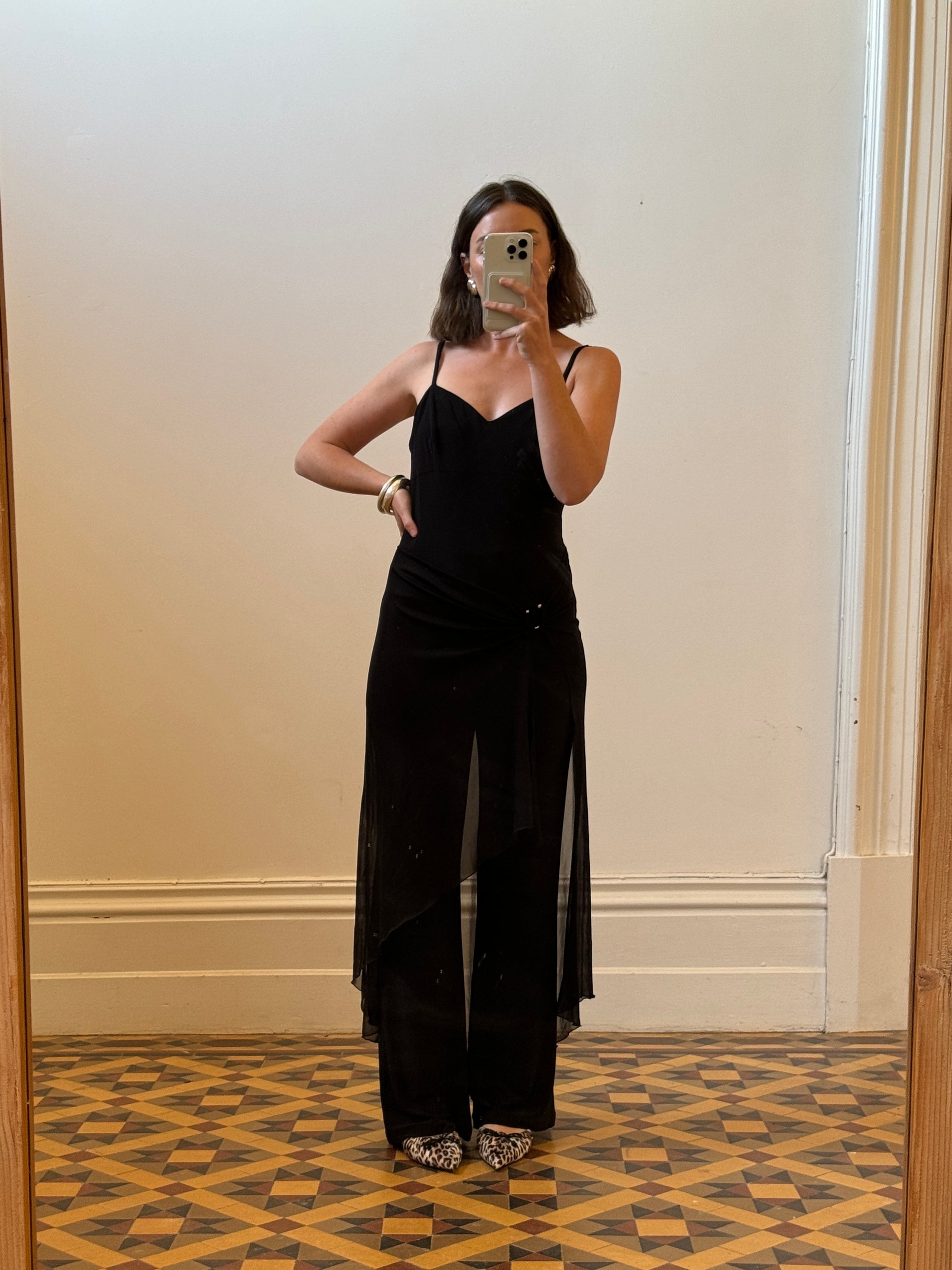 Vintage 90s Strappy Pantsuit with Sheer Skirt Overlay Noir