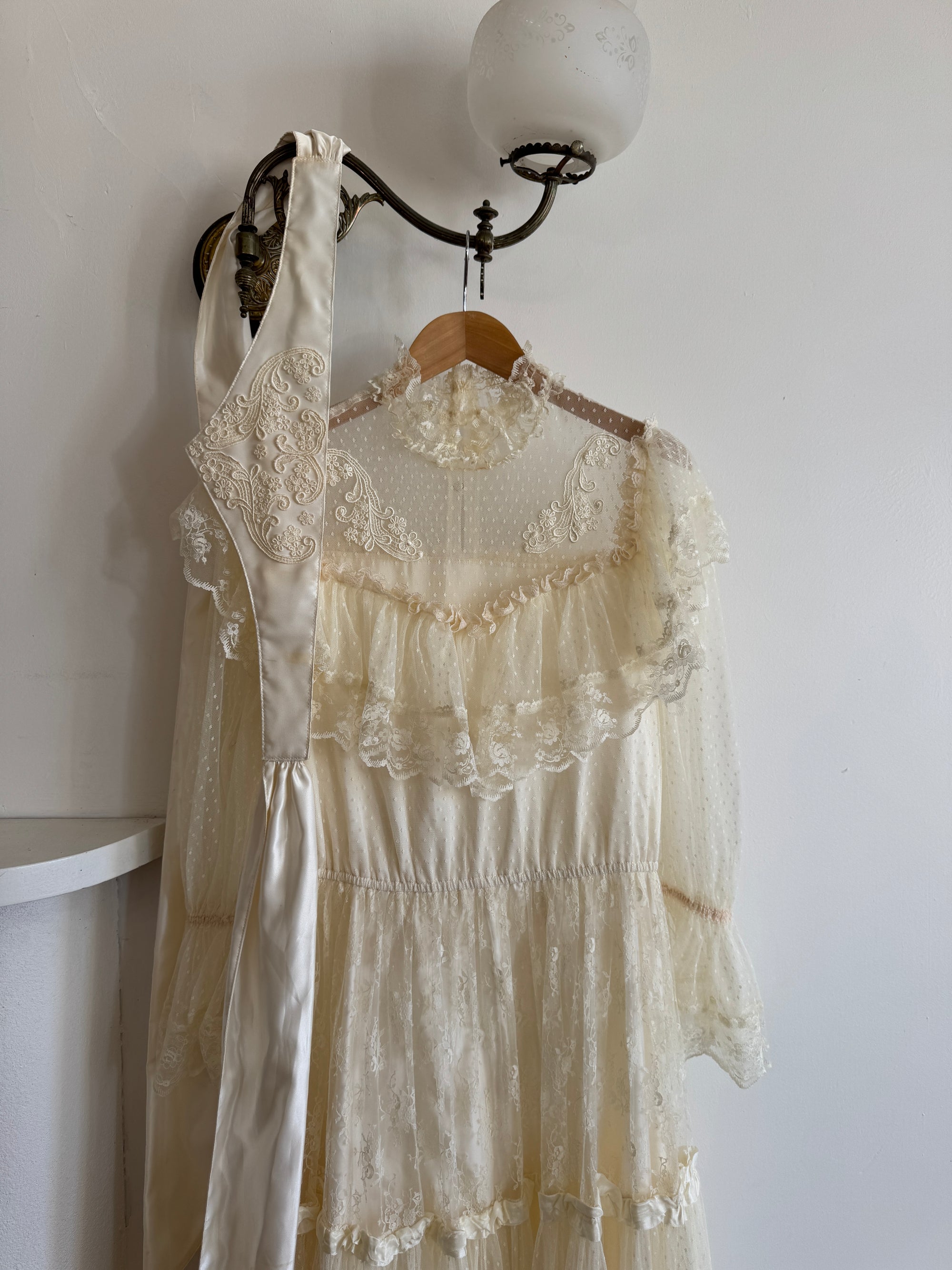 Vintage 70s Prairie Lace Wedding Gown with Beaded Basque Waist Belt