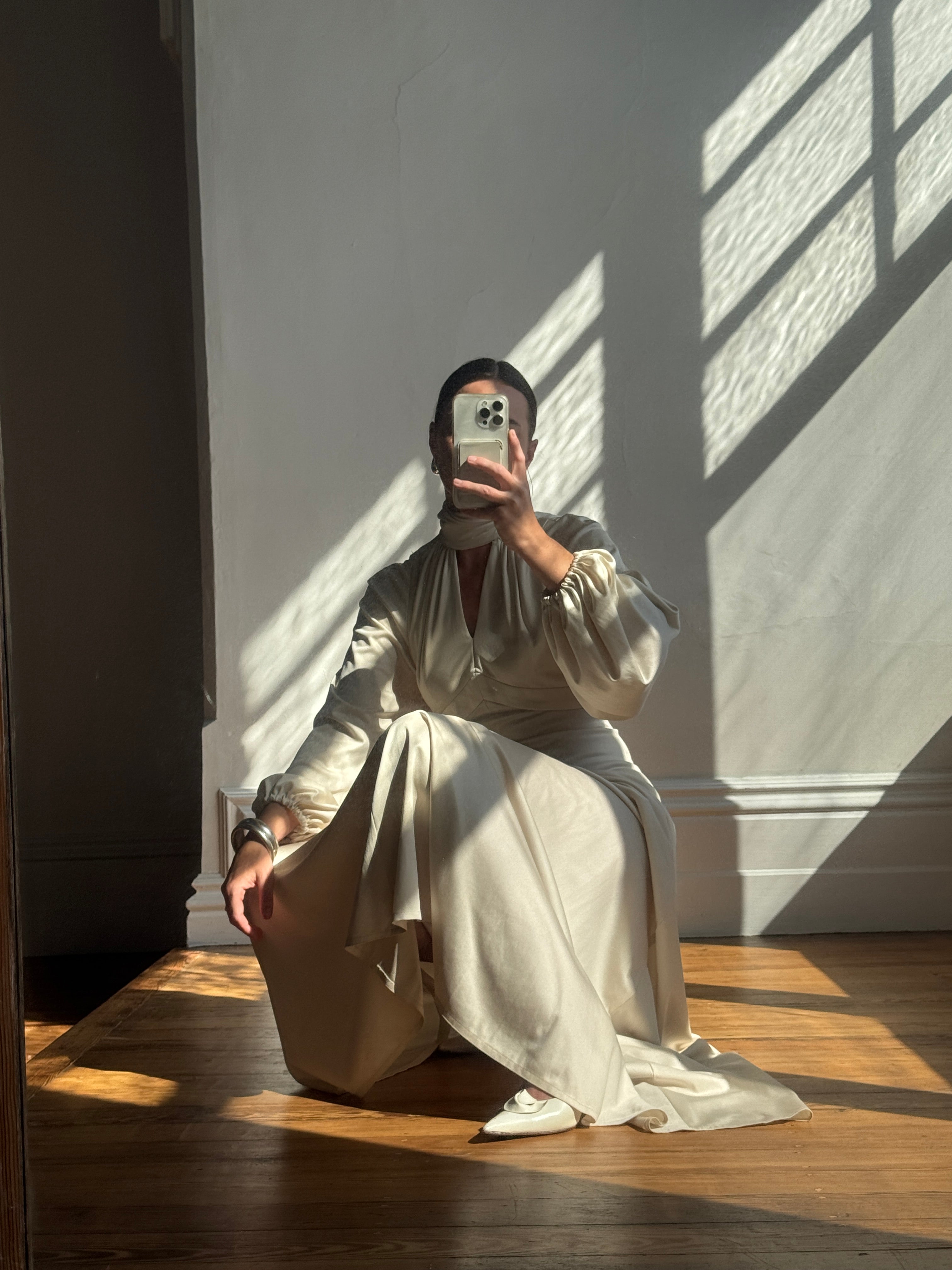 Vintage 70s Jersey High Neck Maxi Dress Creme