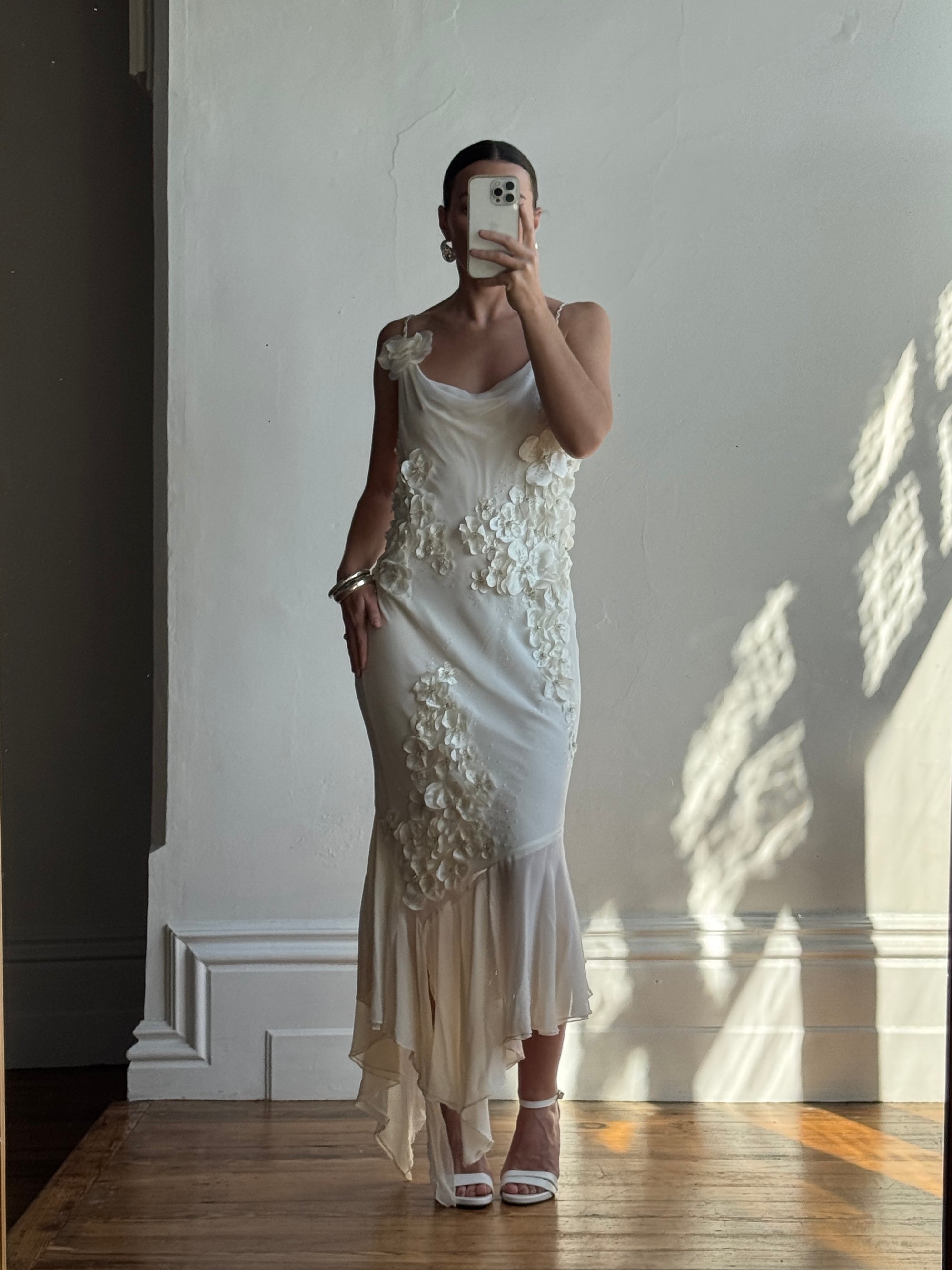 Vintage 90s Pure Silk 3D Floral Fairy Dress Ivory