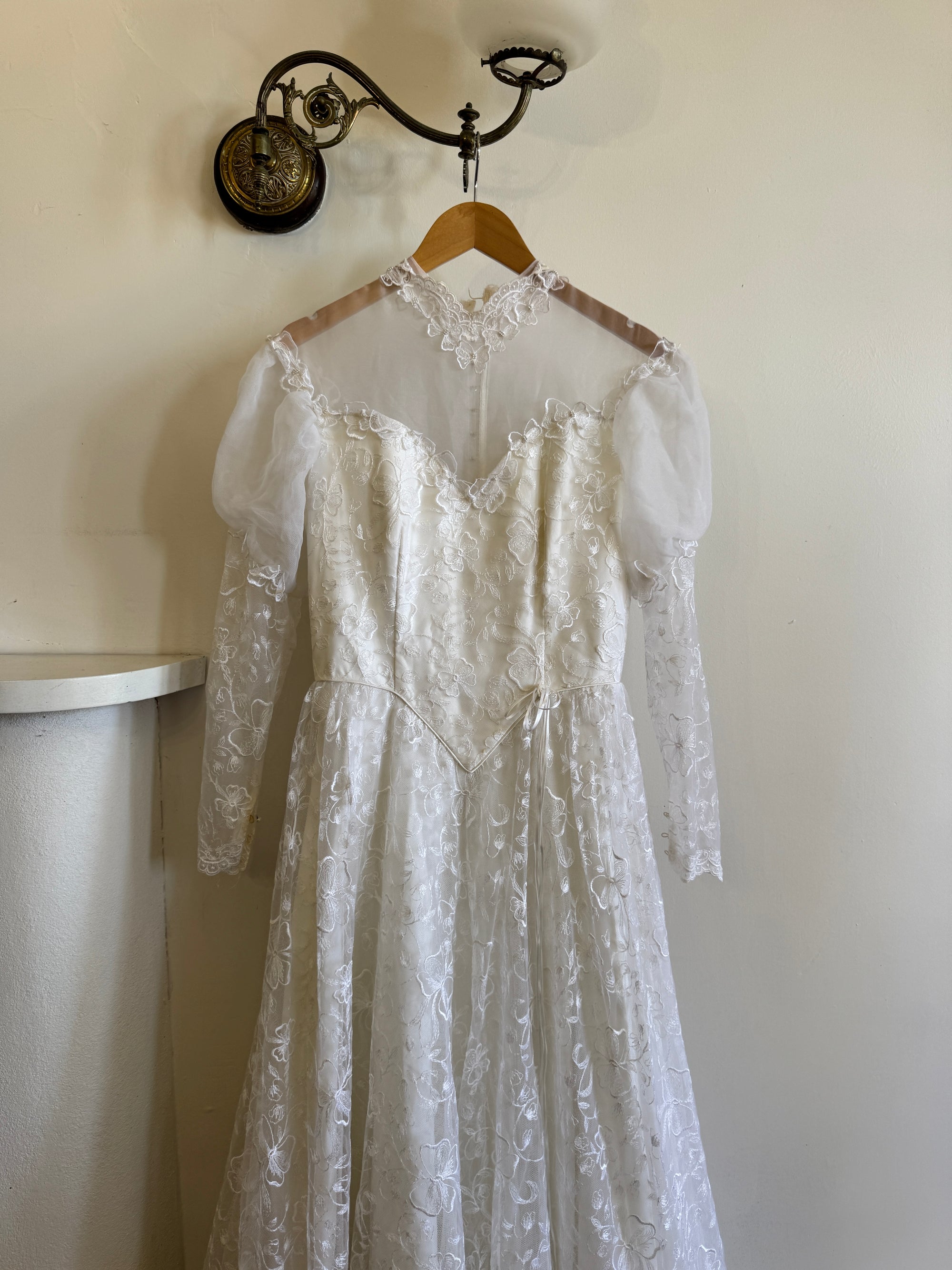 Vintage 70s Puff Sleeve Organza Ruffle Wedding Gown