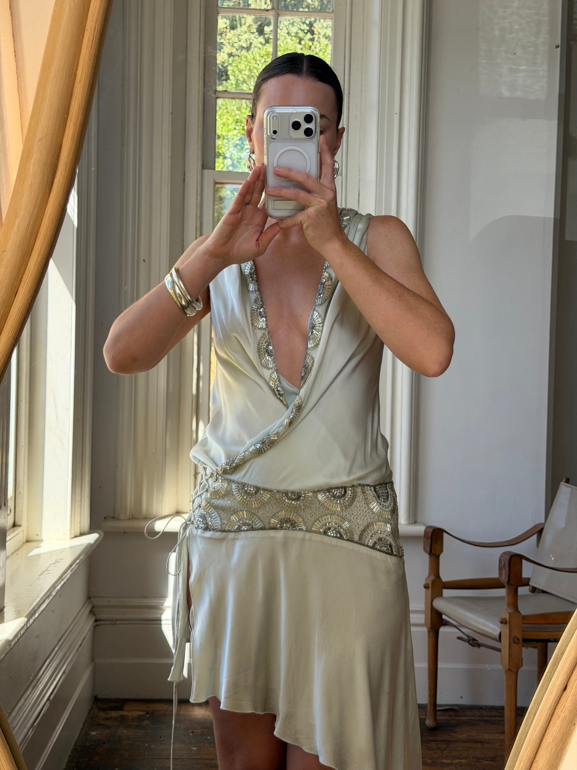 Vintage Y2K Pure Silk Drop Waist Beaded Mini Ice