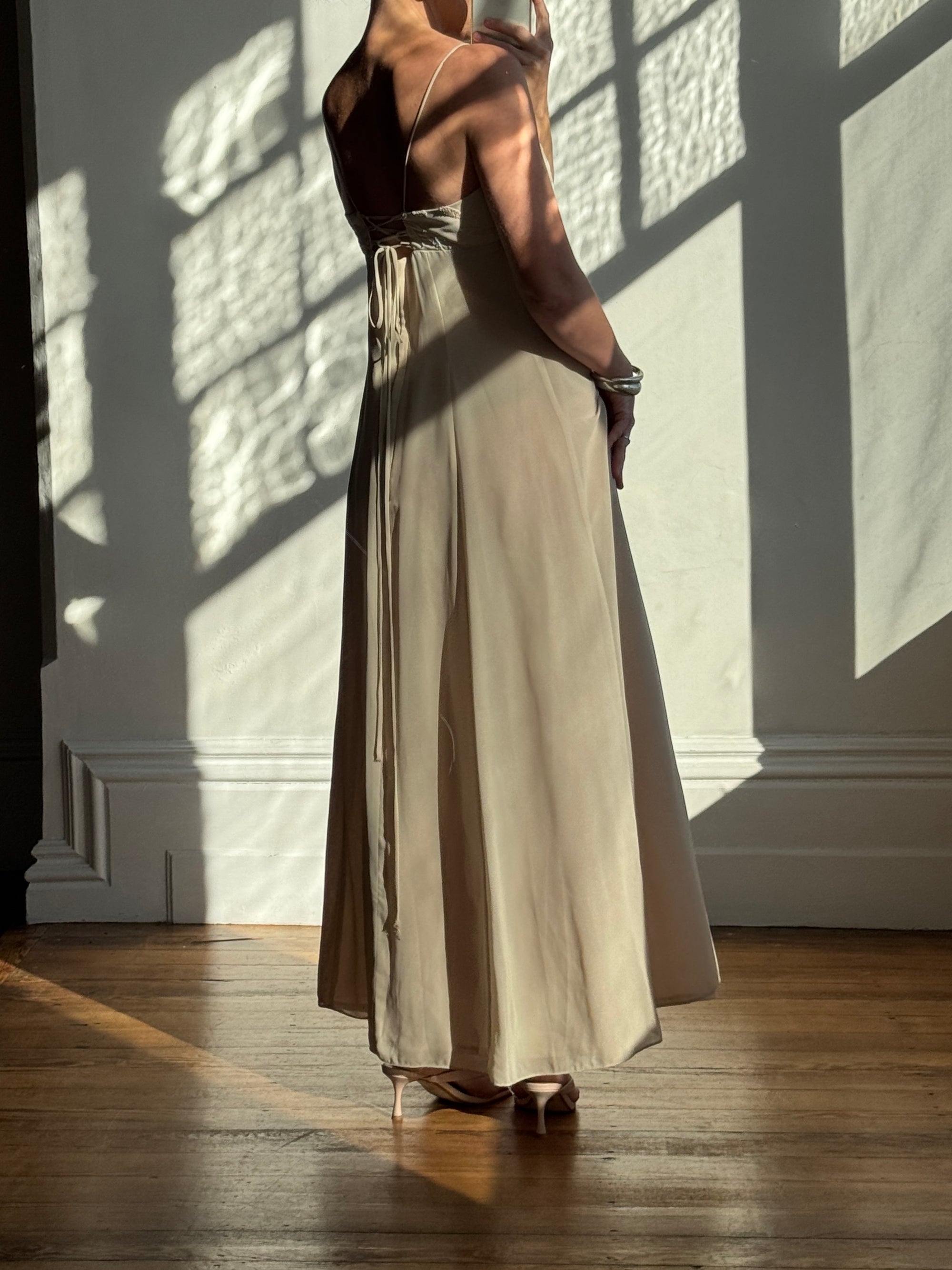Vintage 90s Nude Lace Up Slip Dress with Beaded Embellishment
