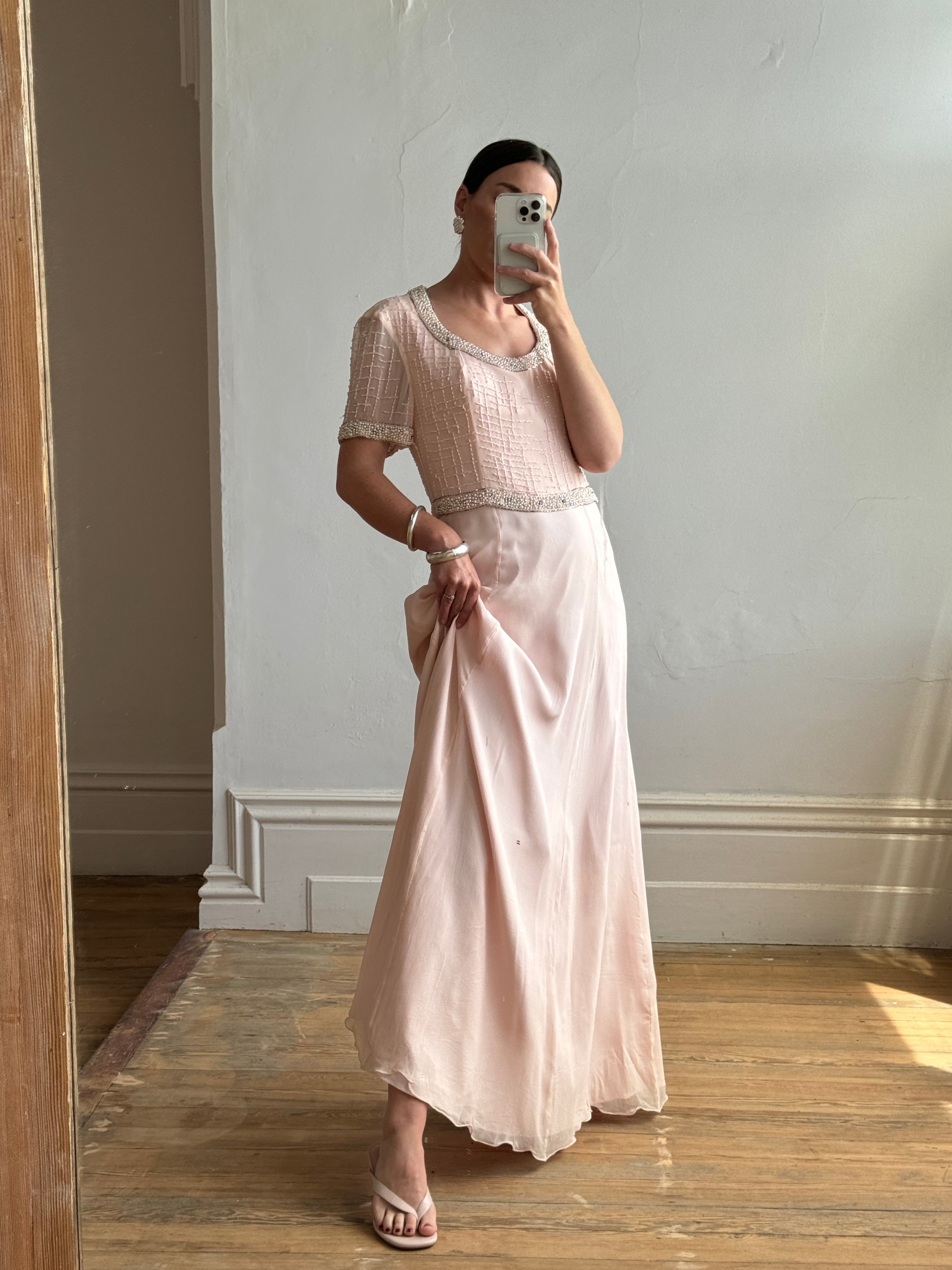 Vintage 80s Baby Pink Pure Silk Embellished Evening Gown