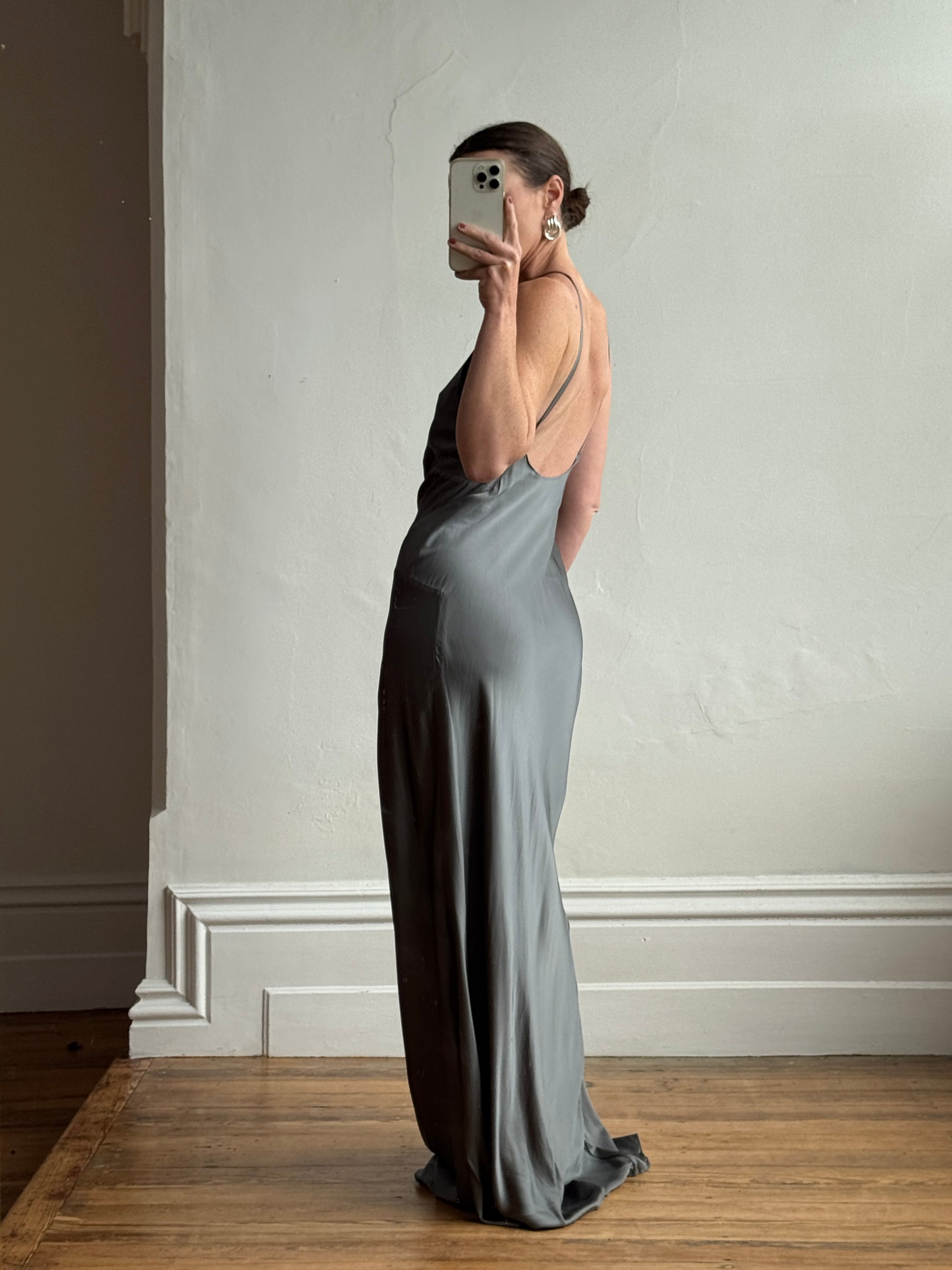 Vintage 90s Slinky Halter Bias Slip Gown Gunmetal