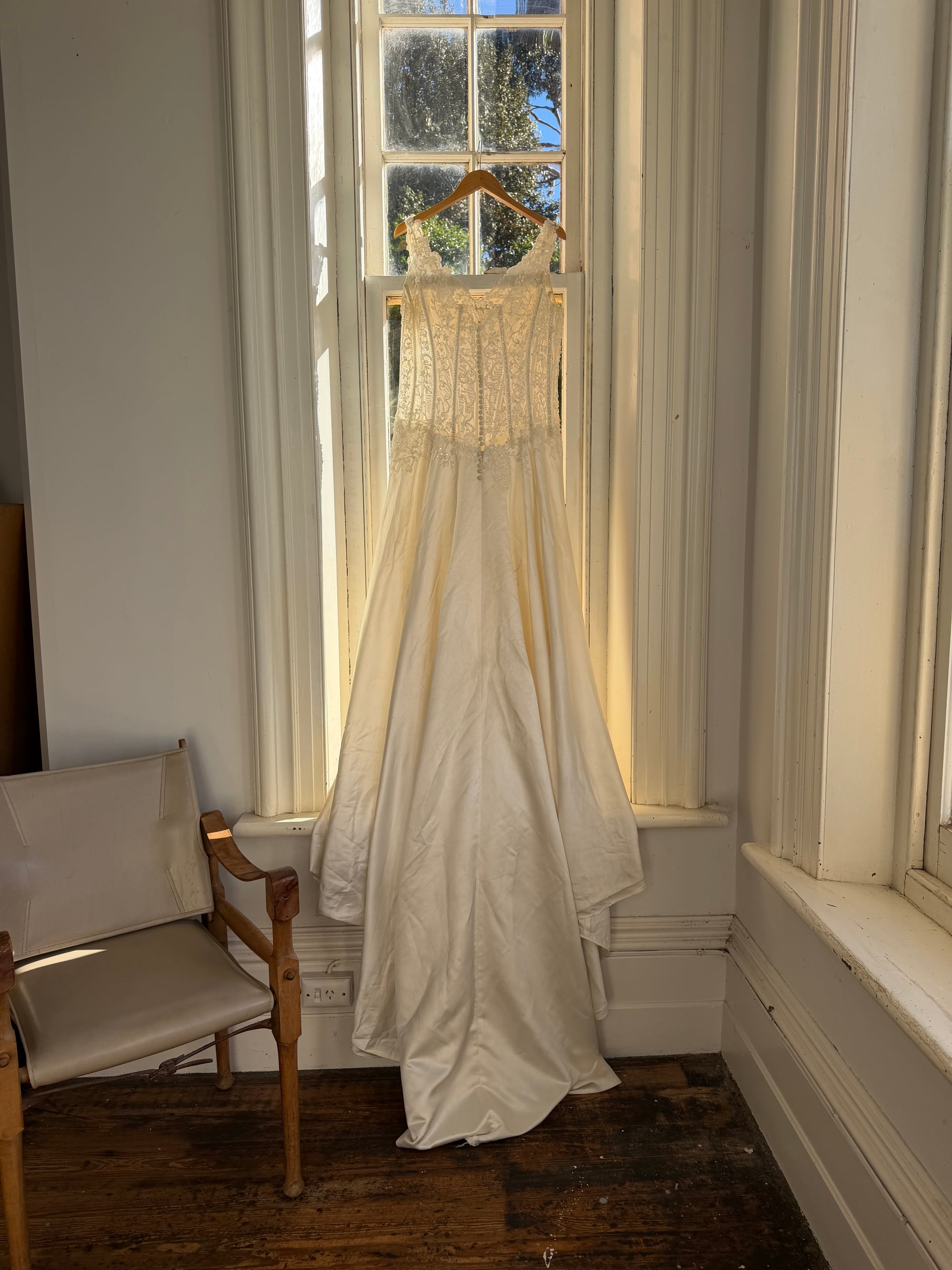 Vintage 90s Italian Naked Embroidered Satin Wedding Dress