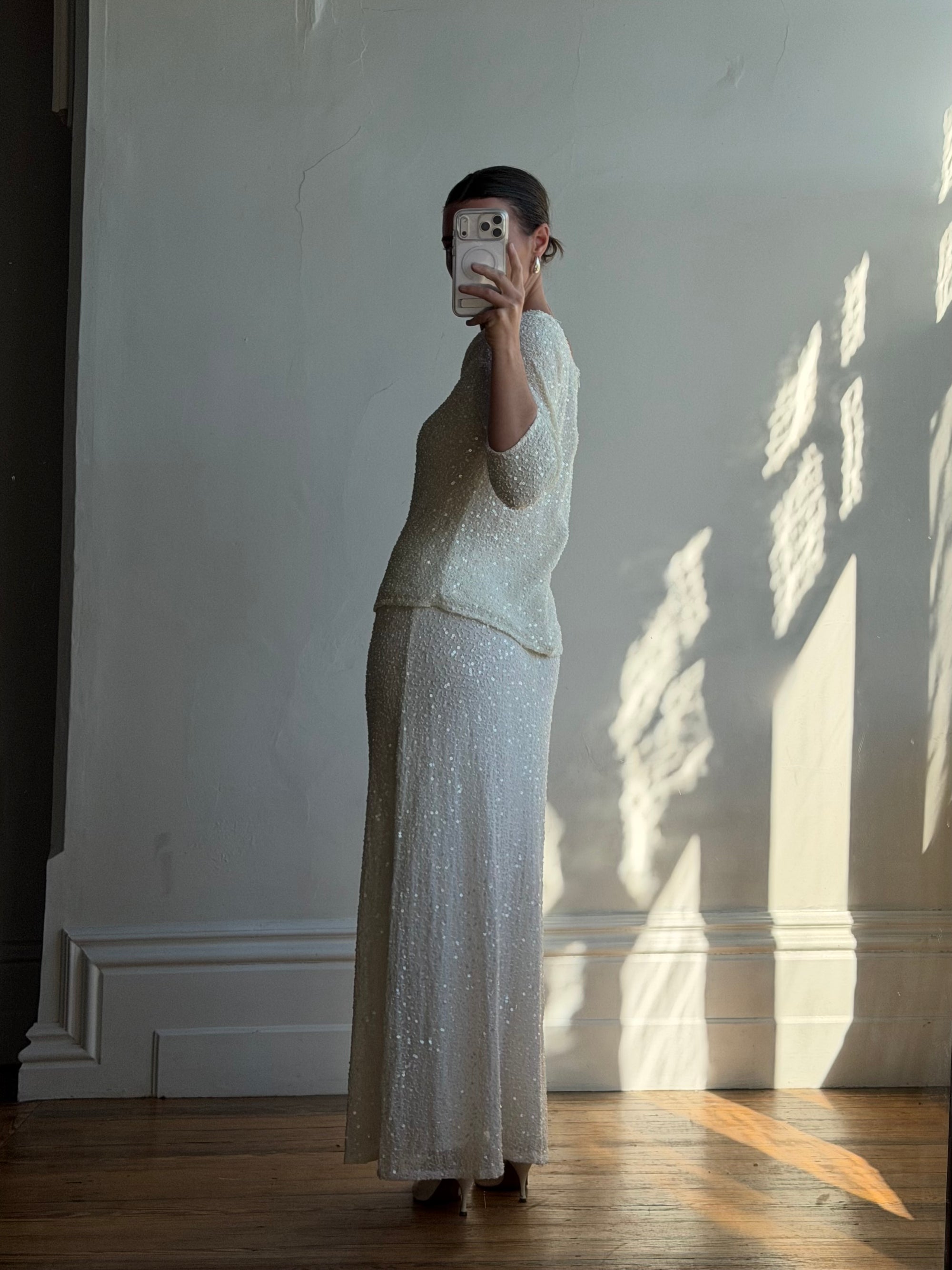 Vintage 80s Sequin Pure Silk Two Piece Bridal Set