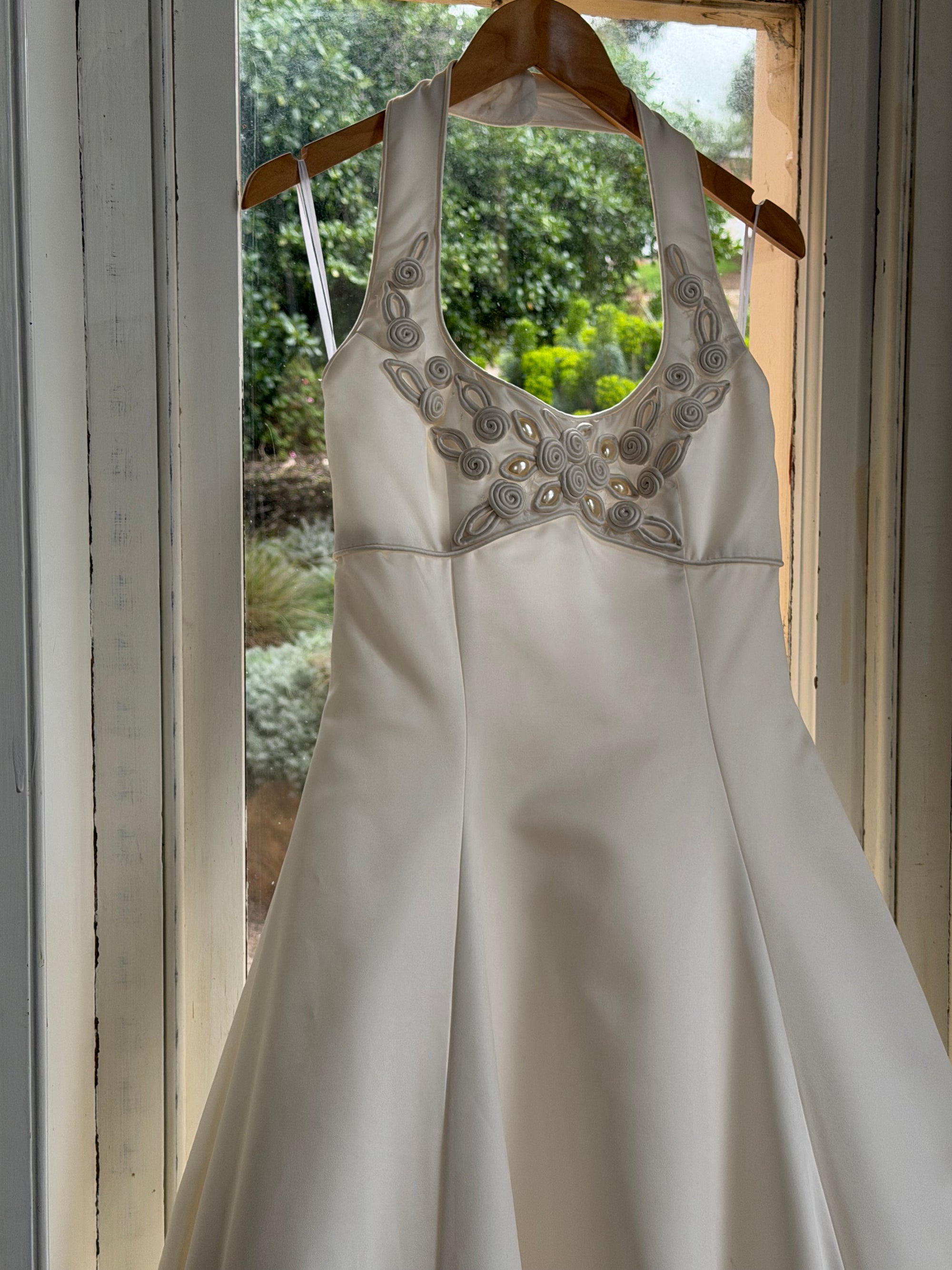 Vintage 90s Ivory Beaded Halter Bridal Ballgown