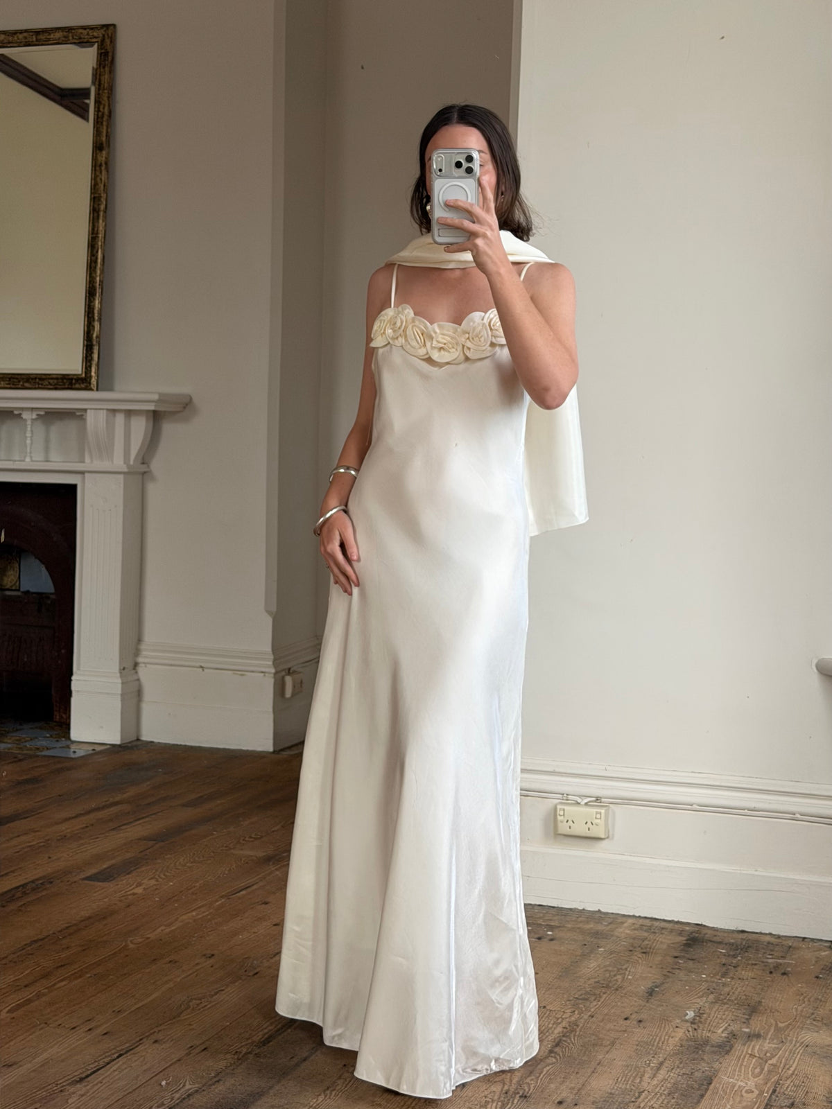 Vintage Y2K Rosette Bridal Slip Dress Champagne Satin
