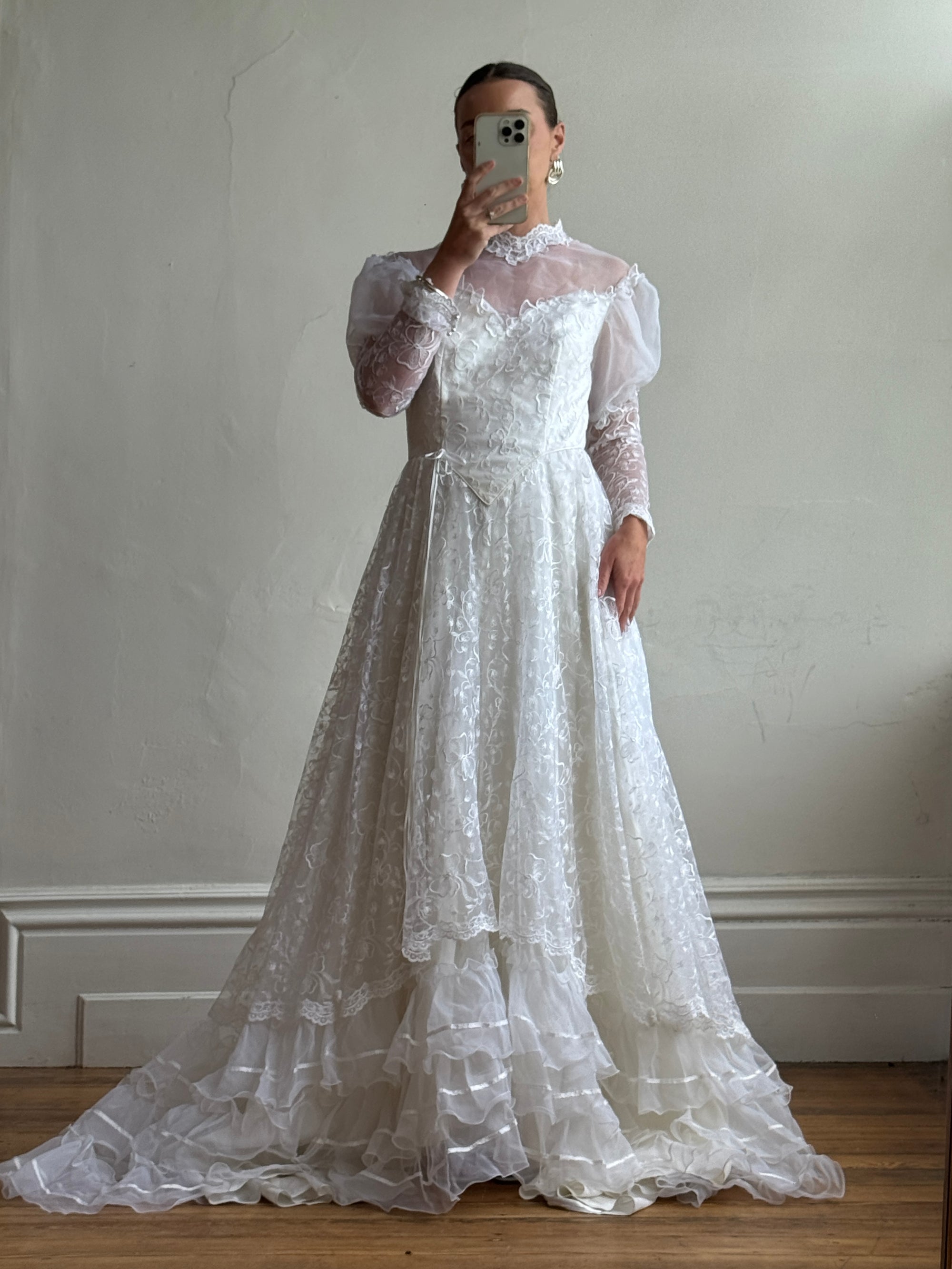 Vintage 70s Puff Sleeve Organza Ruffle Wedding Gown
