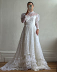 Vintage 70s Puff Sleeve Organza Ruffle Wedding Gown