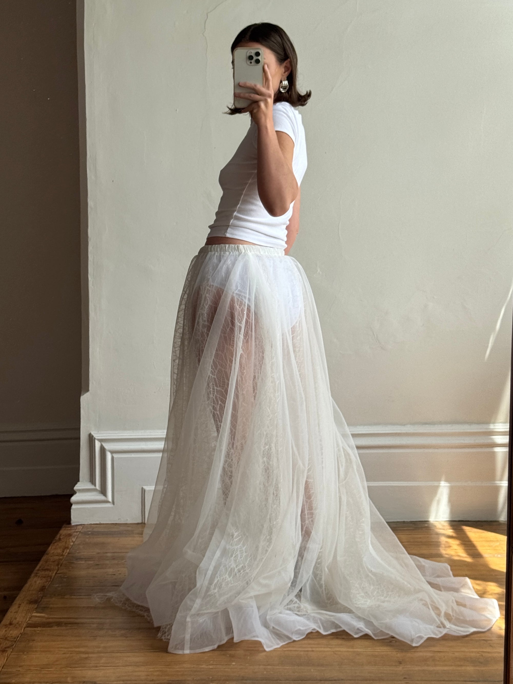 Vintage 80s Sheer Organza Webbed Lace Bridal Skirt