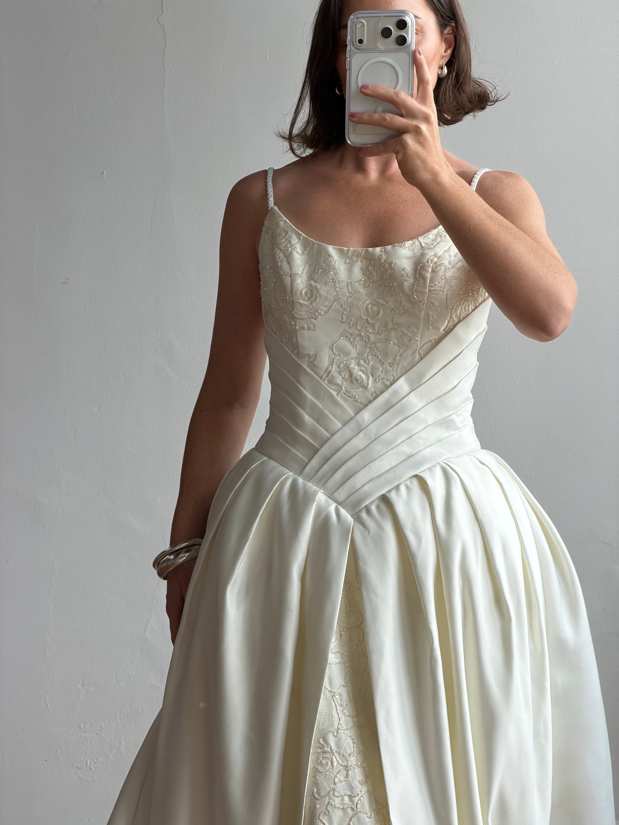Vintage 90s Pleated Jacquard Satin Wedding Gown