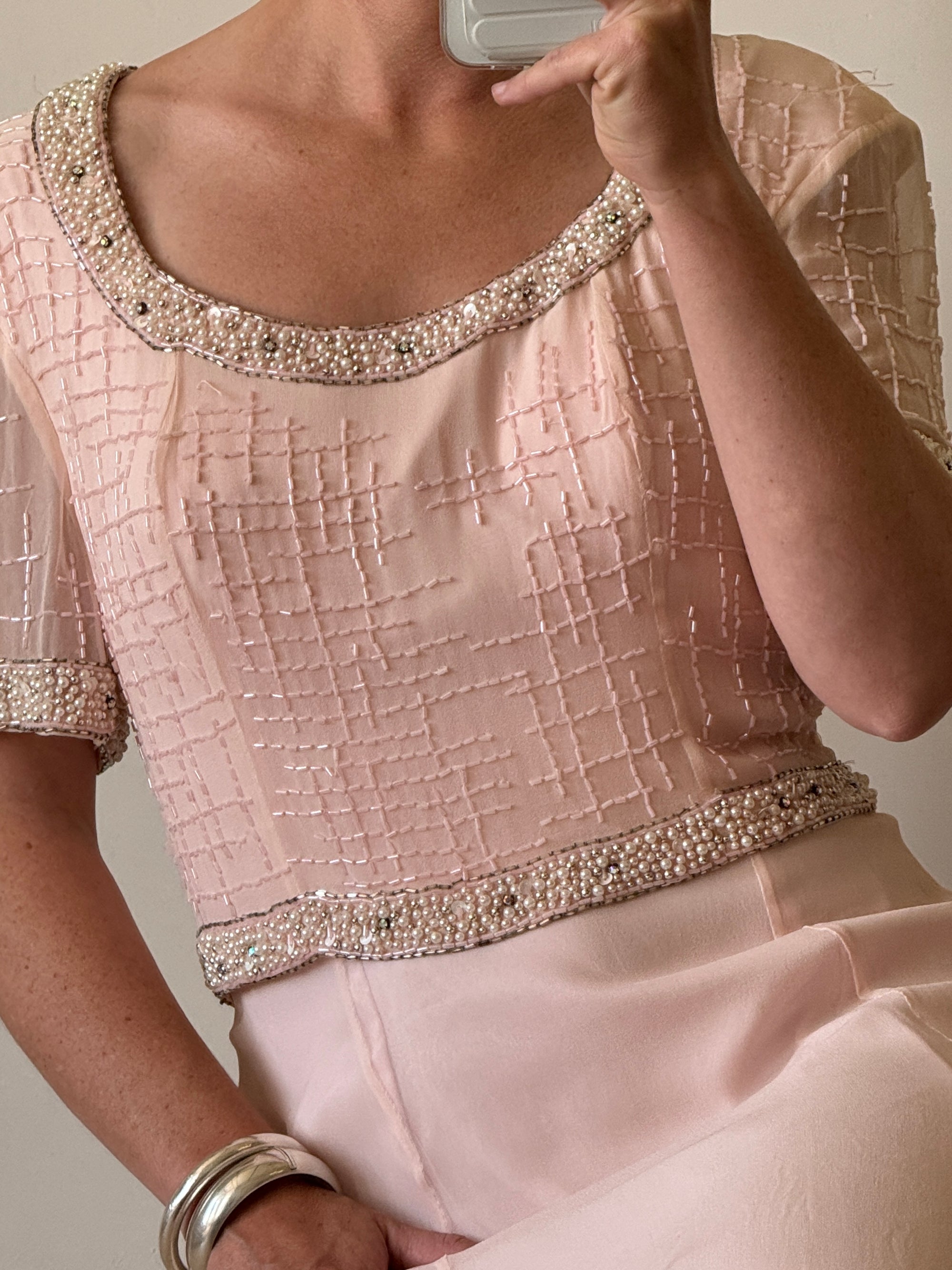 Vintage 80s Baby Pink Pure Silk Embellished Evening Gown