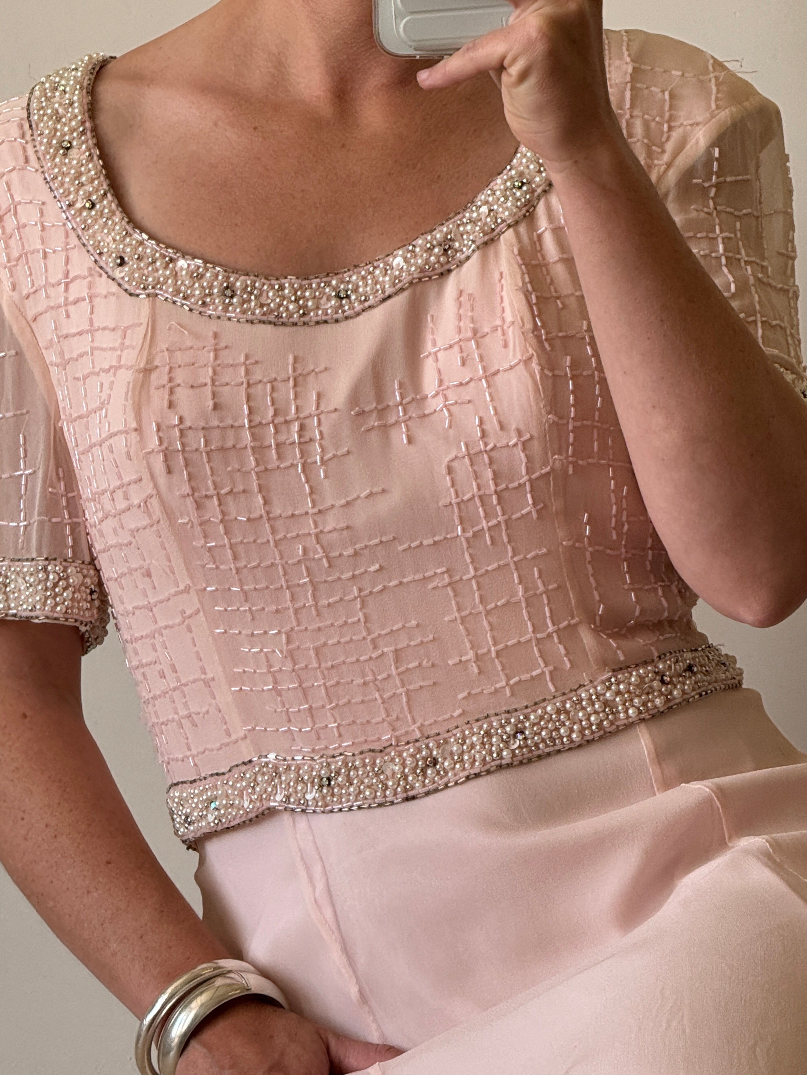 Vintage 80s Baby Pink Pure Silk Embellished Evening Gown