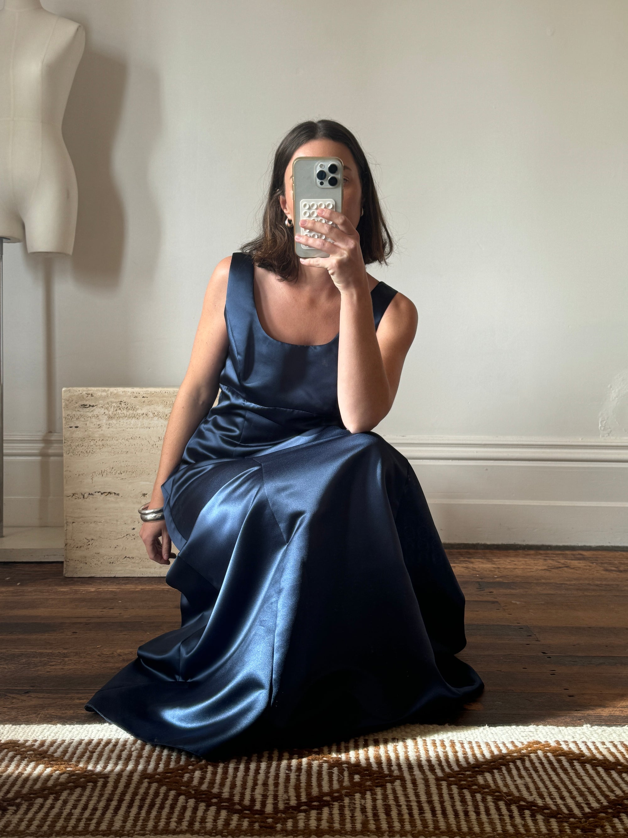 Vintage 90s Satin Bow Gown Navy