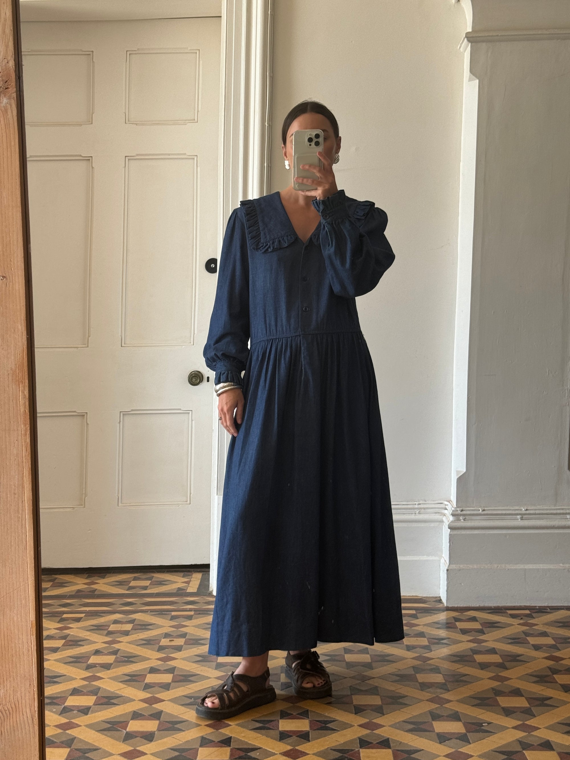 Vintage 80s Giant Collar Chambray Dress Navy