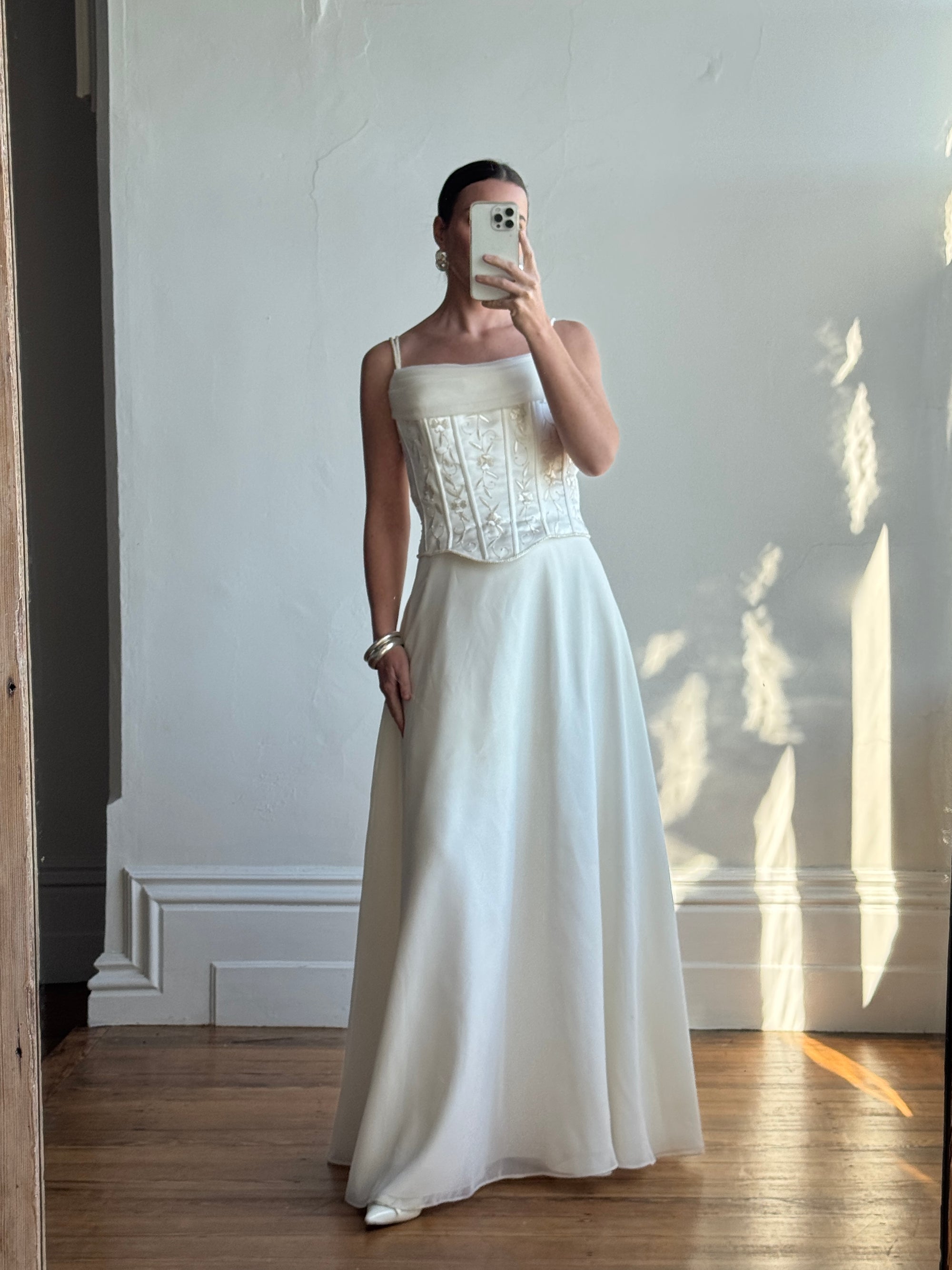 Vintage 90s Chiffon Jacquard Corset Embellishment Wedding Gown